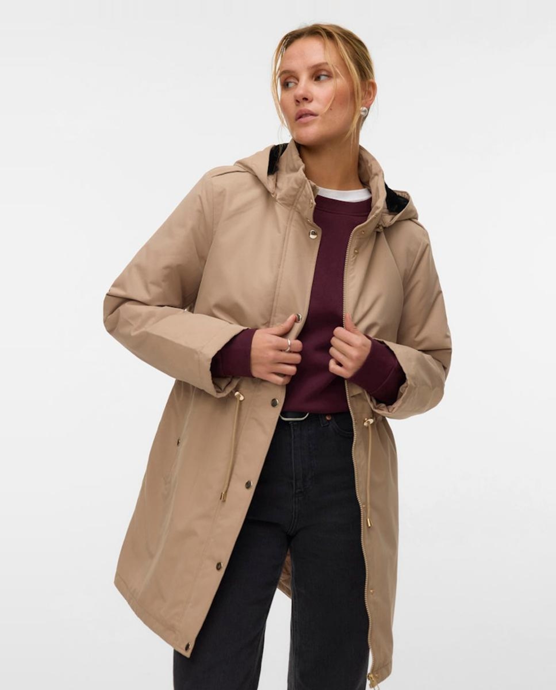 Parka Midi com Capuz Desmontável Castanho-2