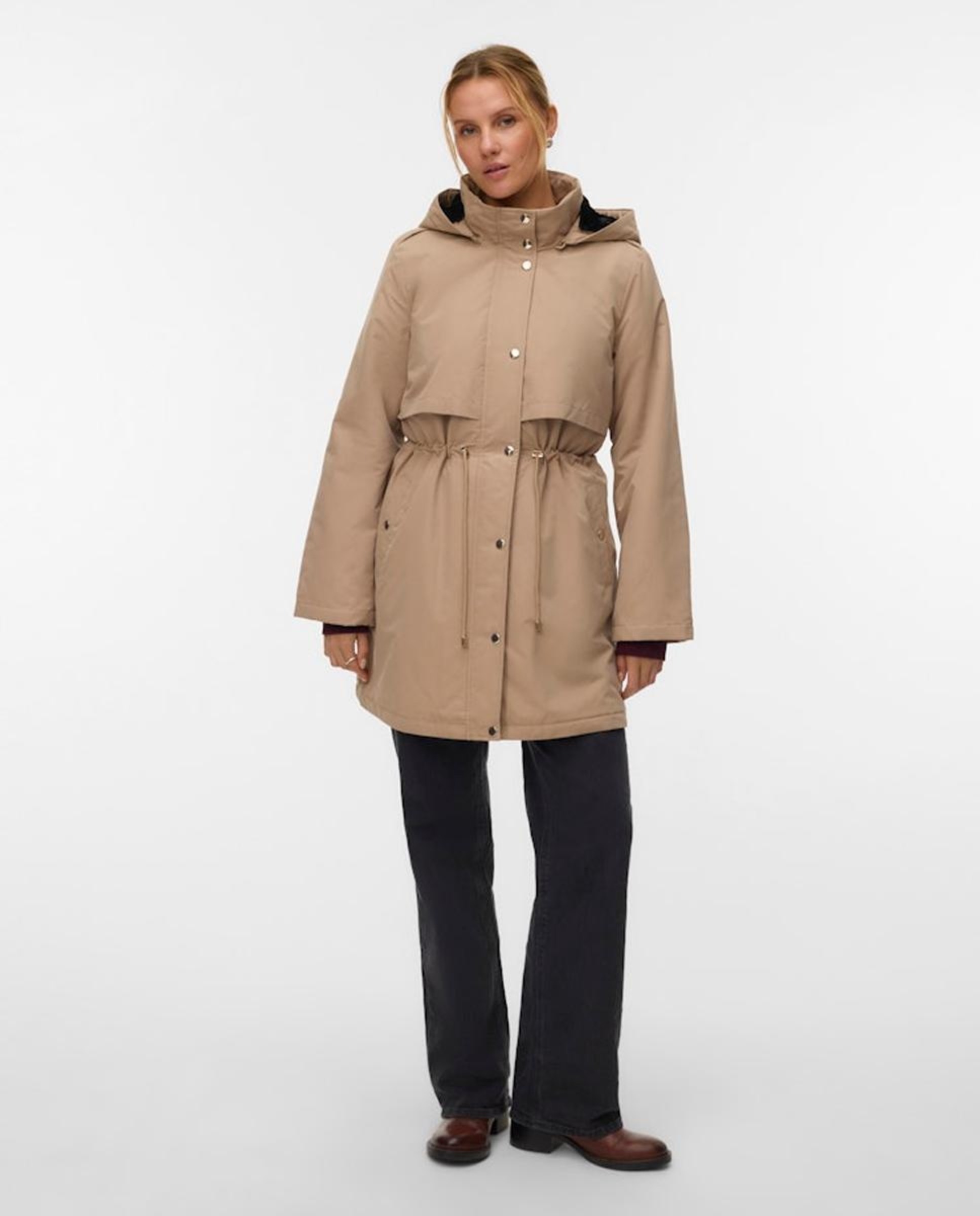 Parka Midi com Capuz Desmontável Castanho-1