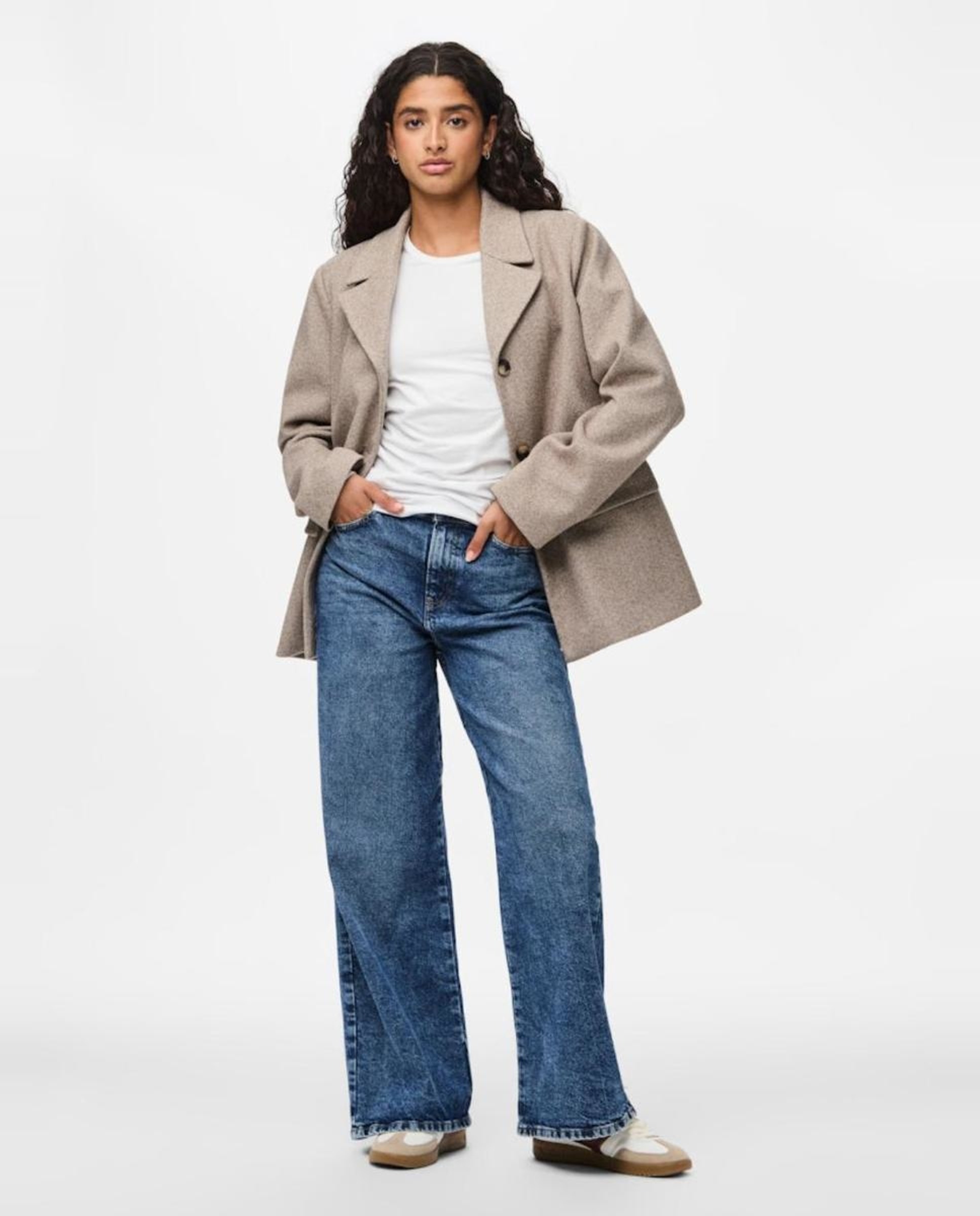 Sobretudo de Pano Cruzado com Botões Castanho-claro-2