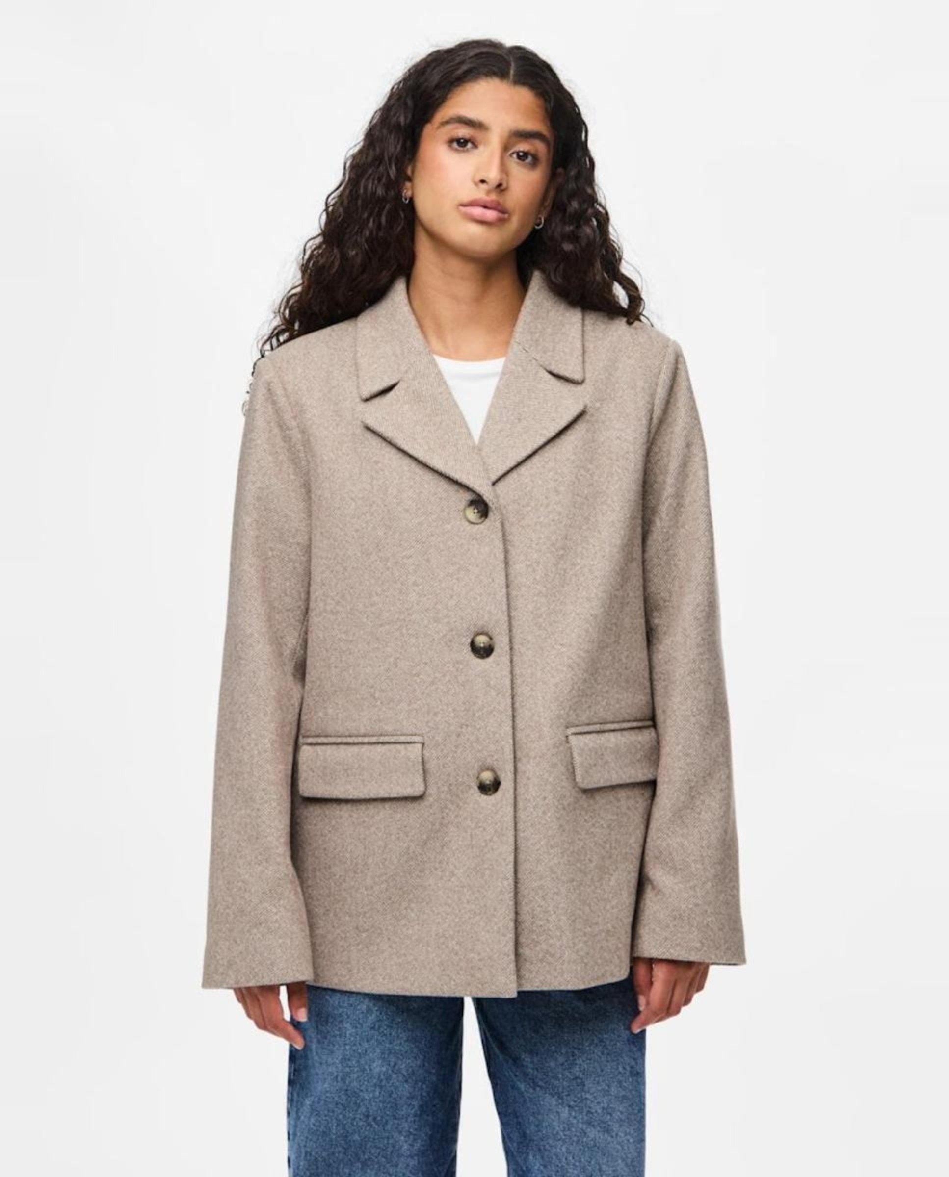 Sobretudo de Pano Cruzado com Botões Castanho-claro-1