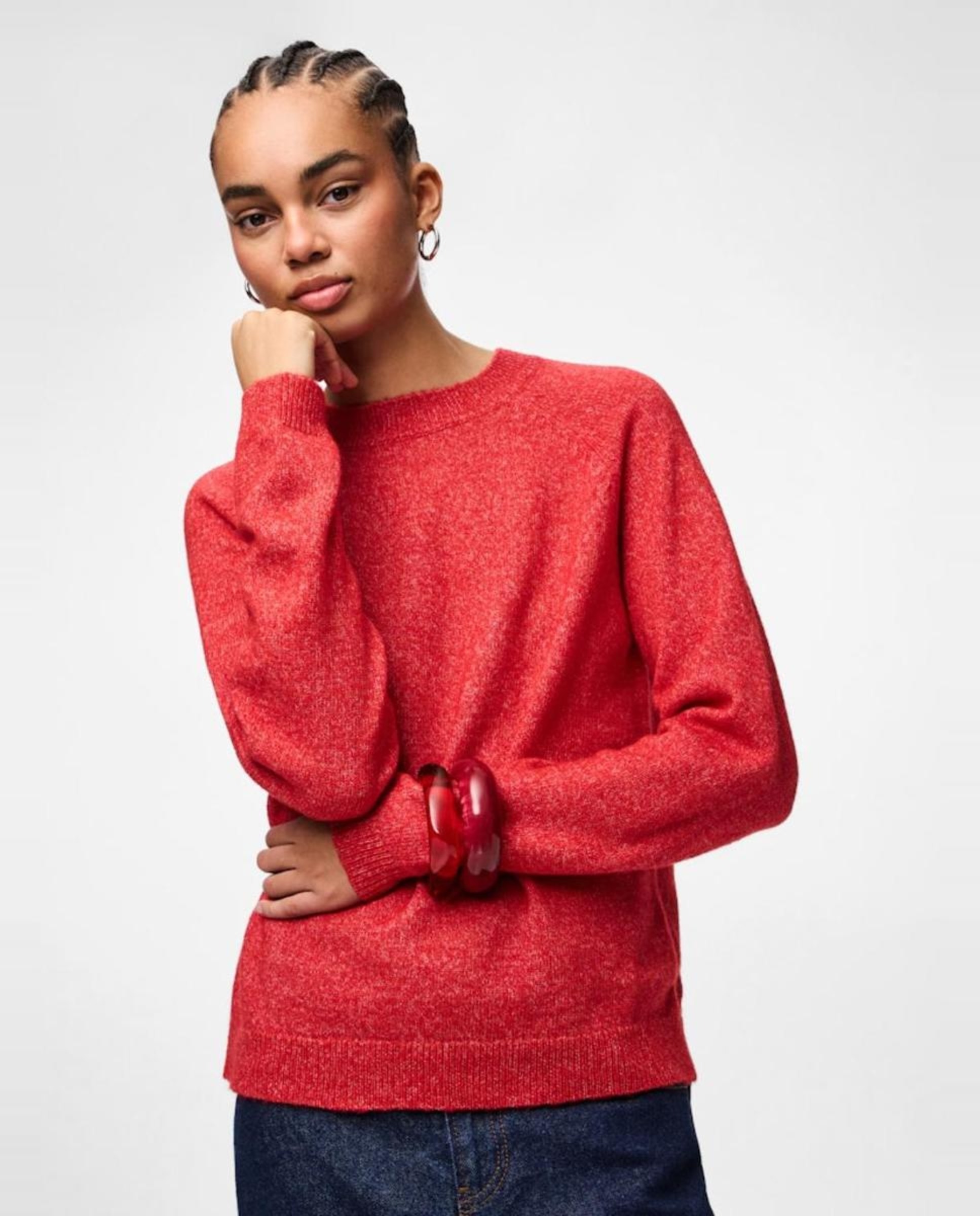 Camisola de malha de mulher com decote redondo Vermelho-4