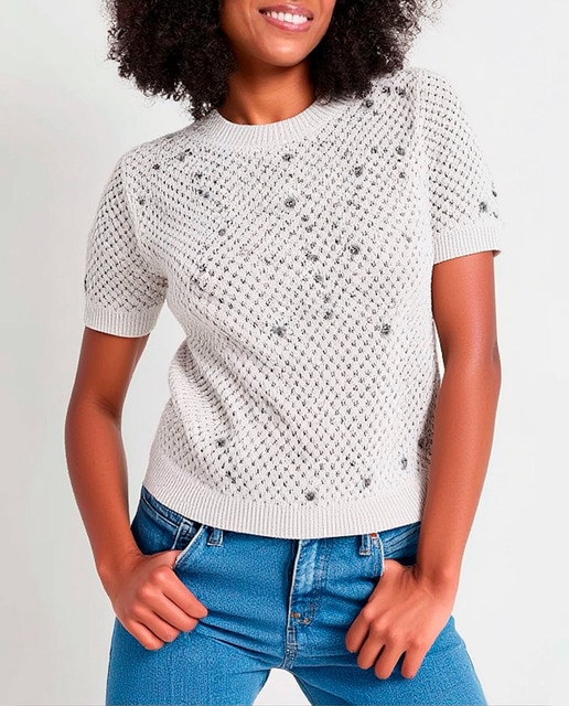 Imagen 0 de Jersey de mujer manga corta y tejido calado con perlas