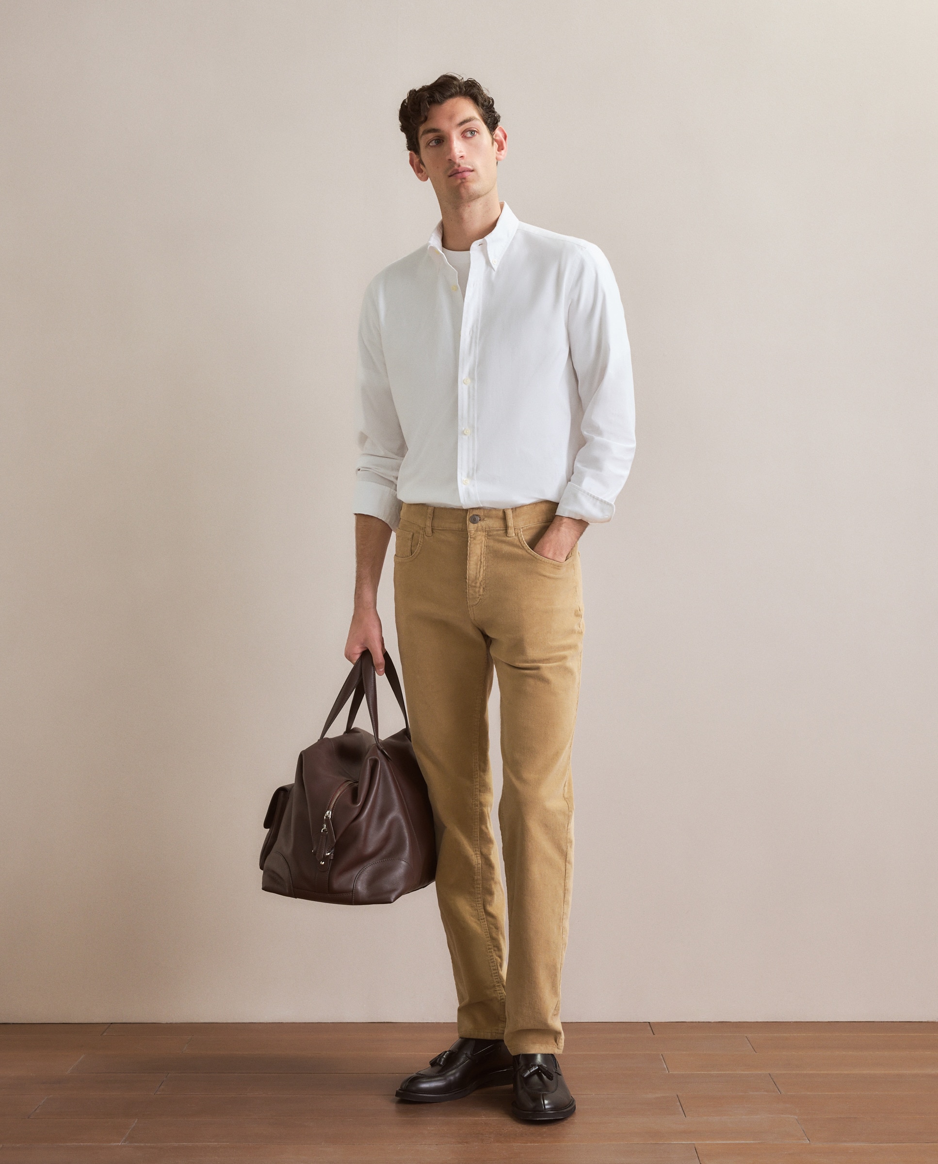 Calças com 5 Bolsos Bege-1