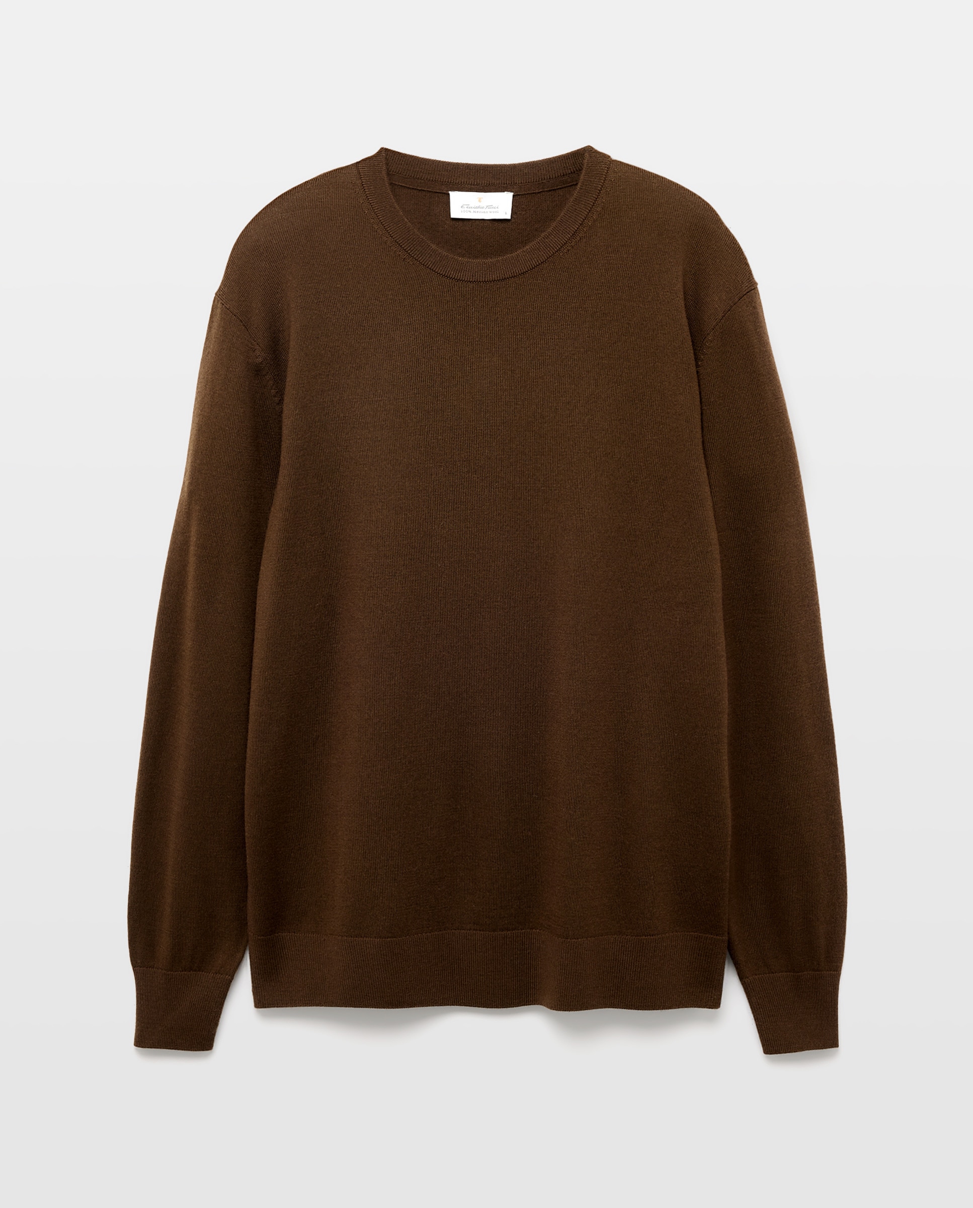 Camisola de Malha Lisa 100% Lã Merino com Decote Redondo Castanho-escuro-4