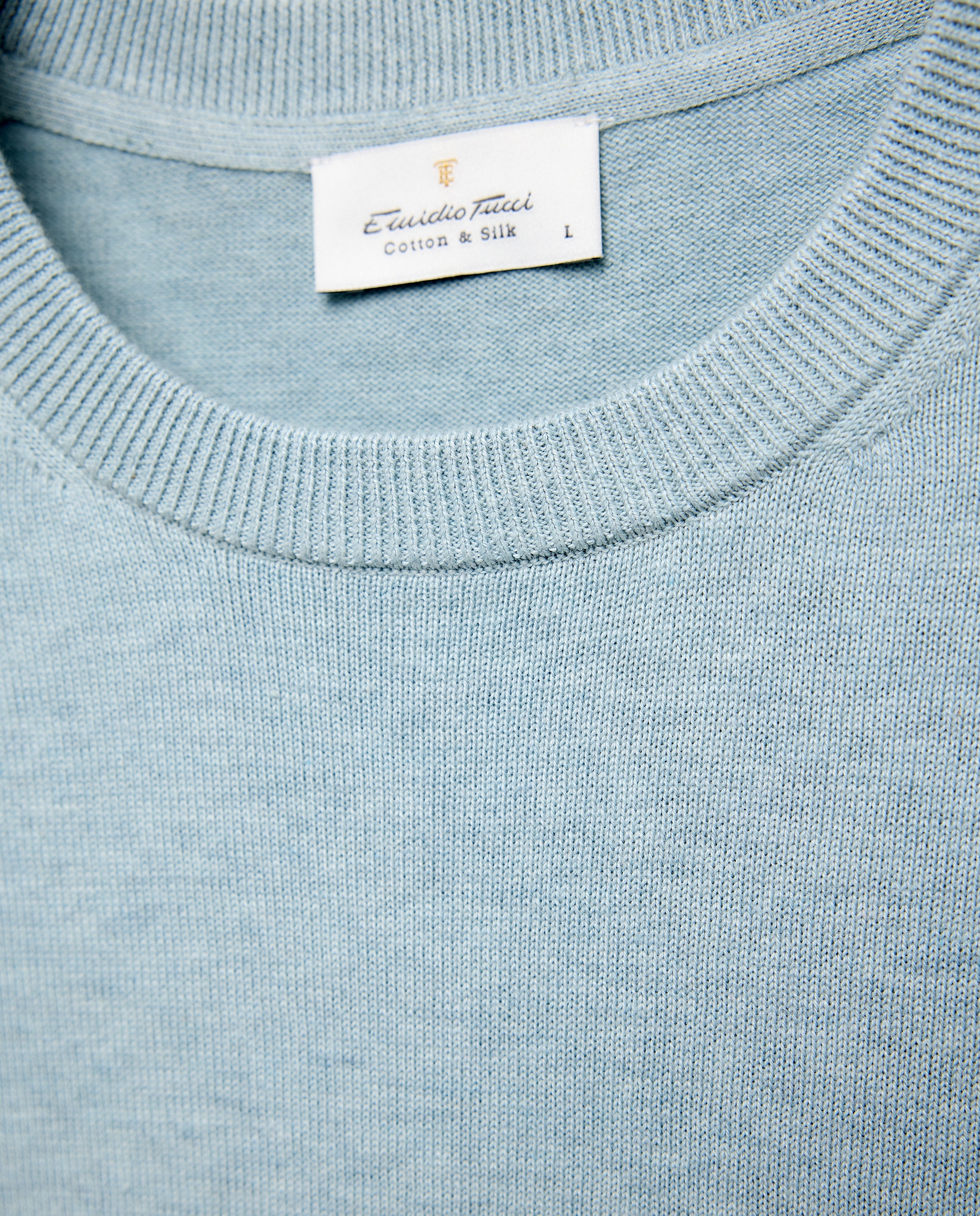 Camisola de Malha Lisa com Decote Redondo e em Algodão e Seda Verde Água-5