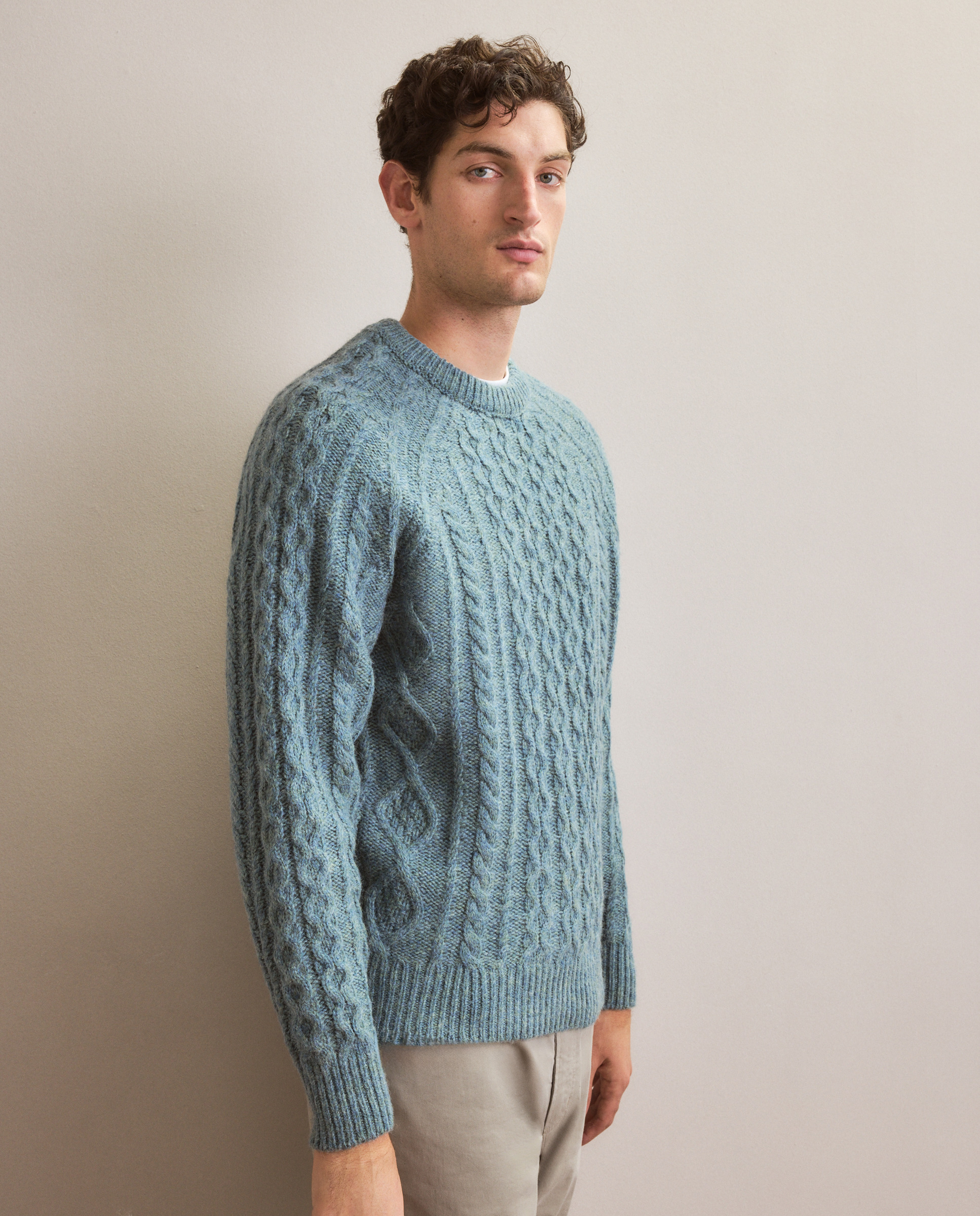 Camisola de Malha com Aran Shetland e Gola Redonda Azul-1