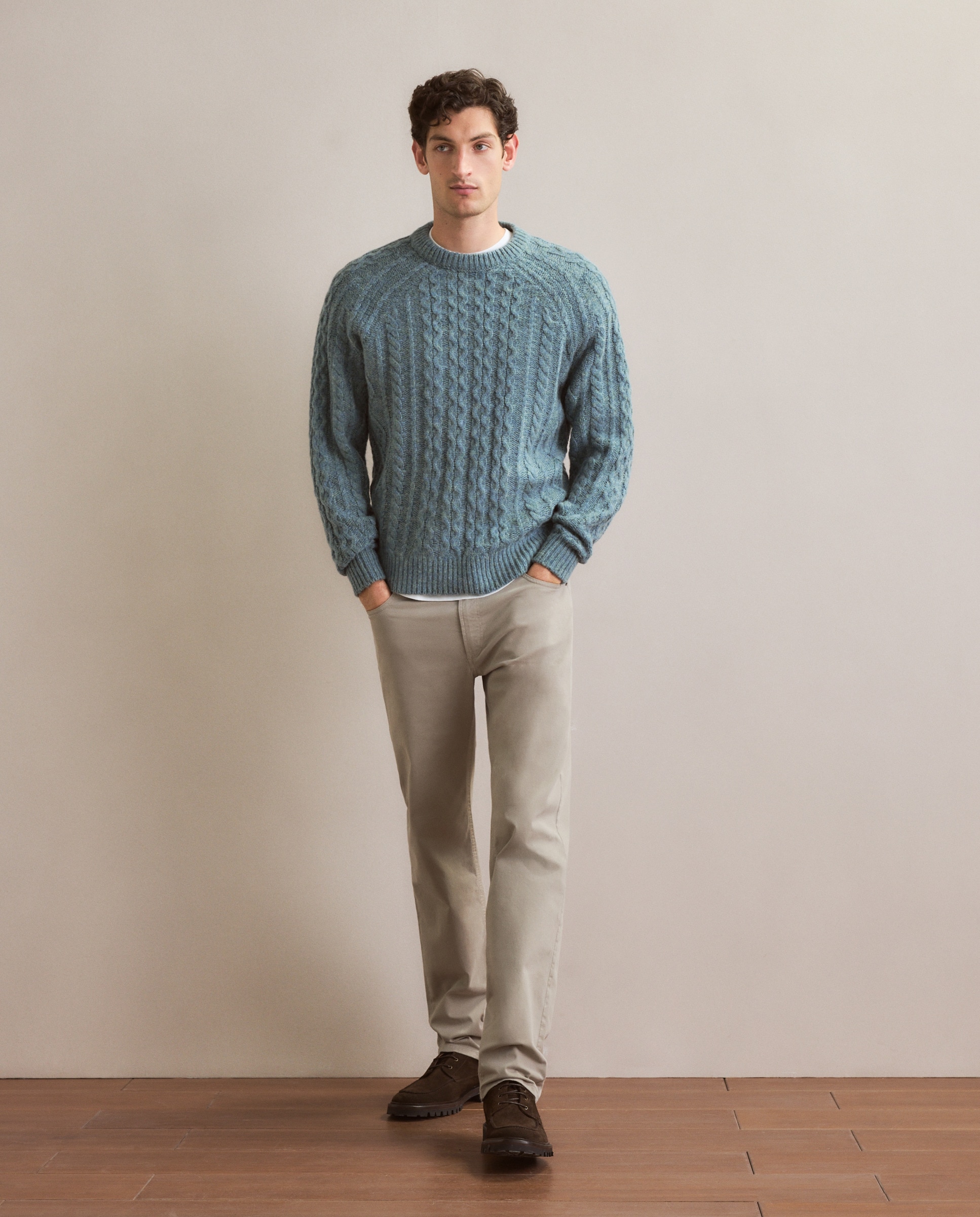 Camisola de Malha com Aran Shetland e Gola Redonda Azul-3