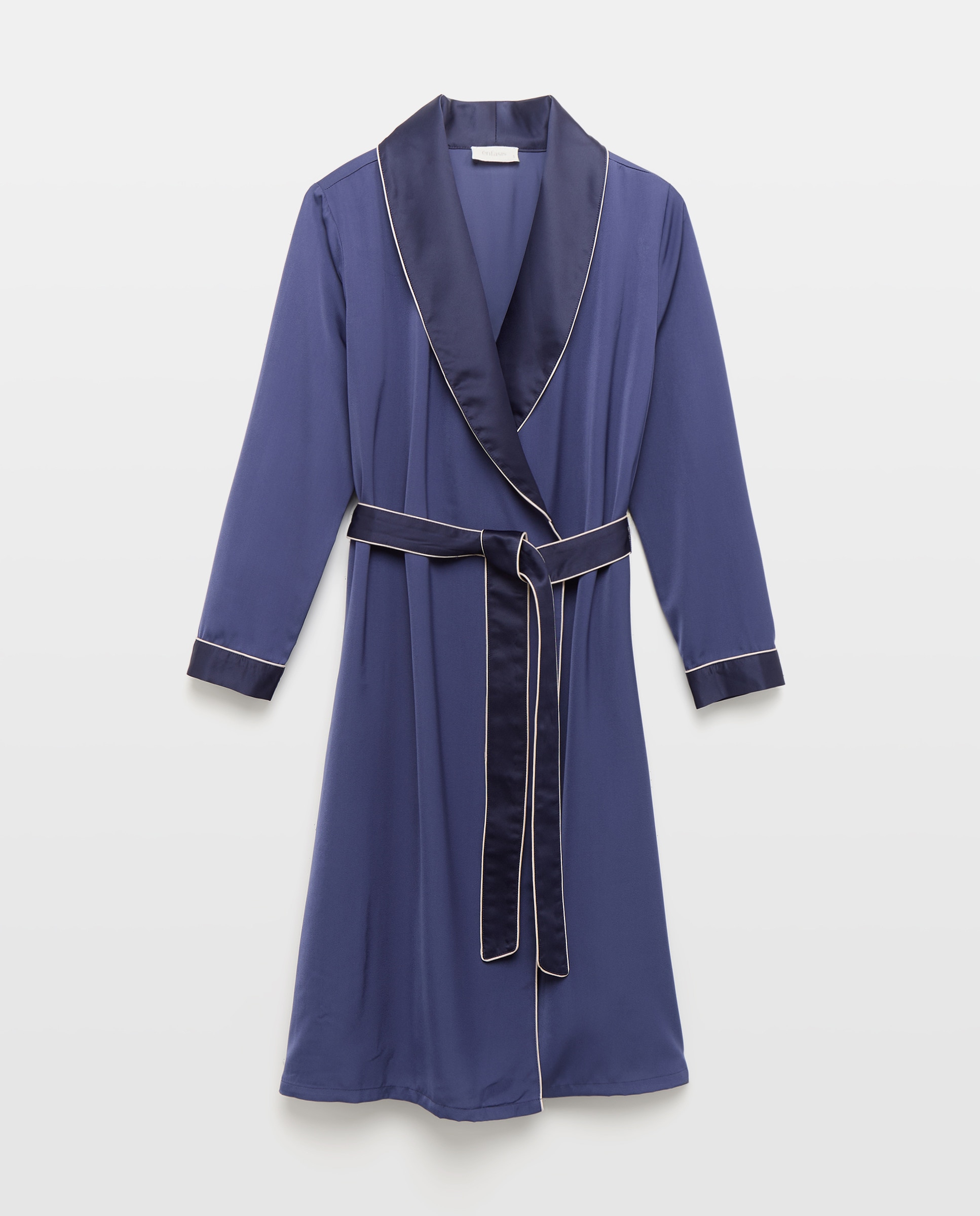 Robe Cruzado Estampado com Manga Comprida Azul Tinta-1