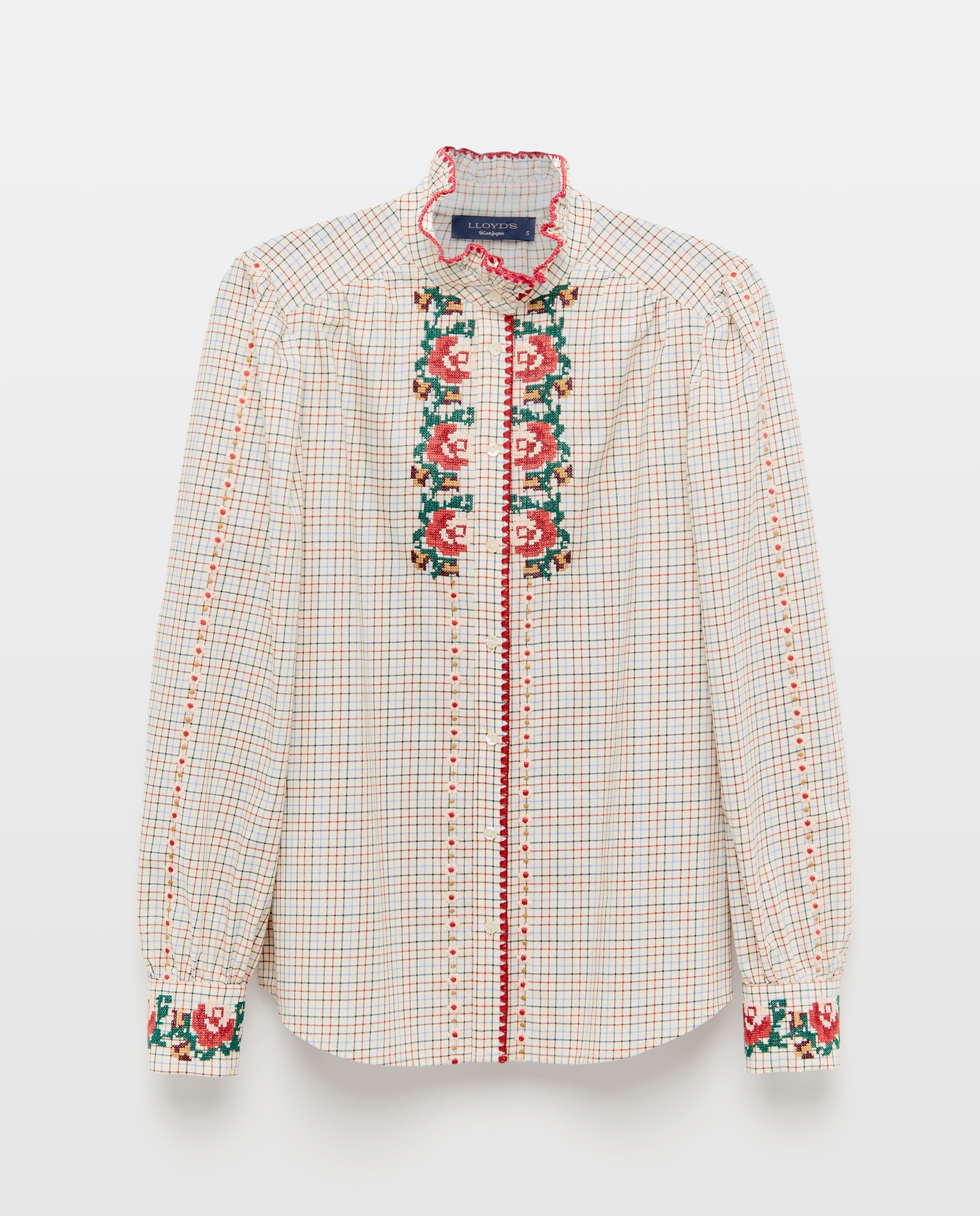 Blusa com Estampado Floral e aos Quadrados Branco-5