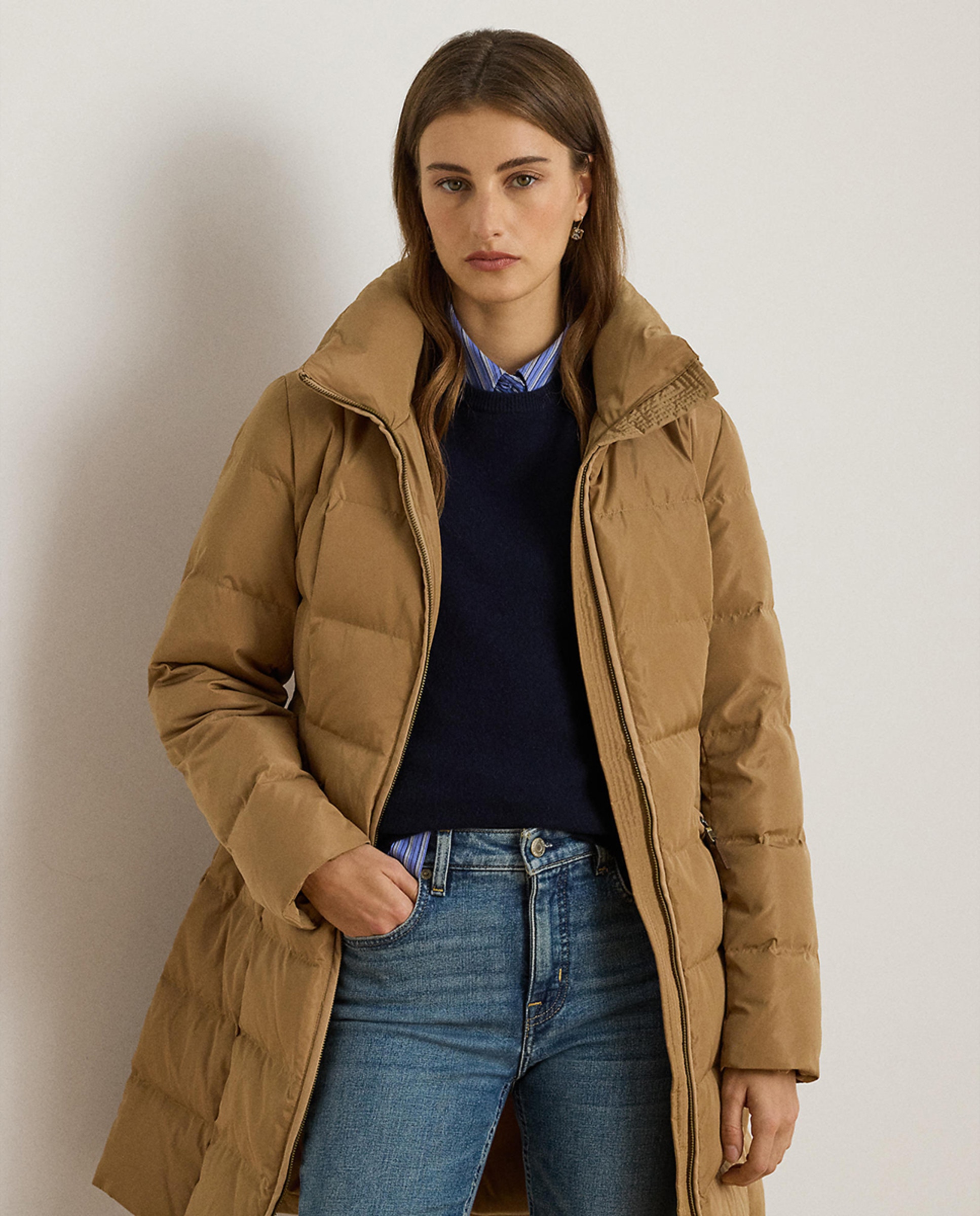 Blusão Acolchoado Comprido com Fecho de Correr Camel-4