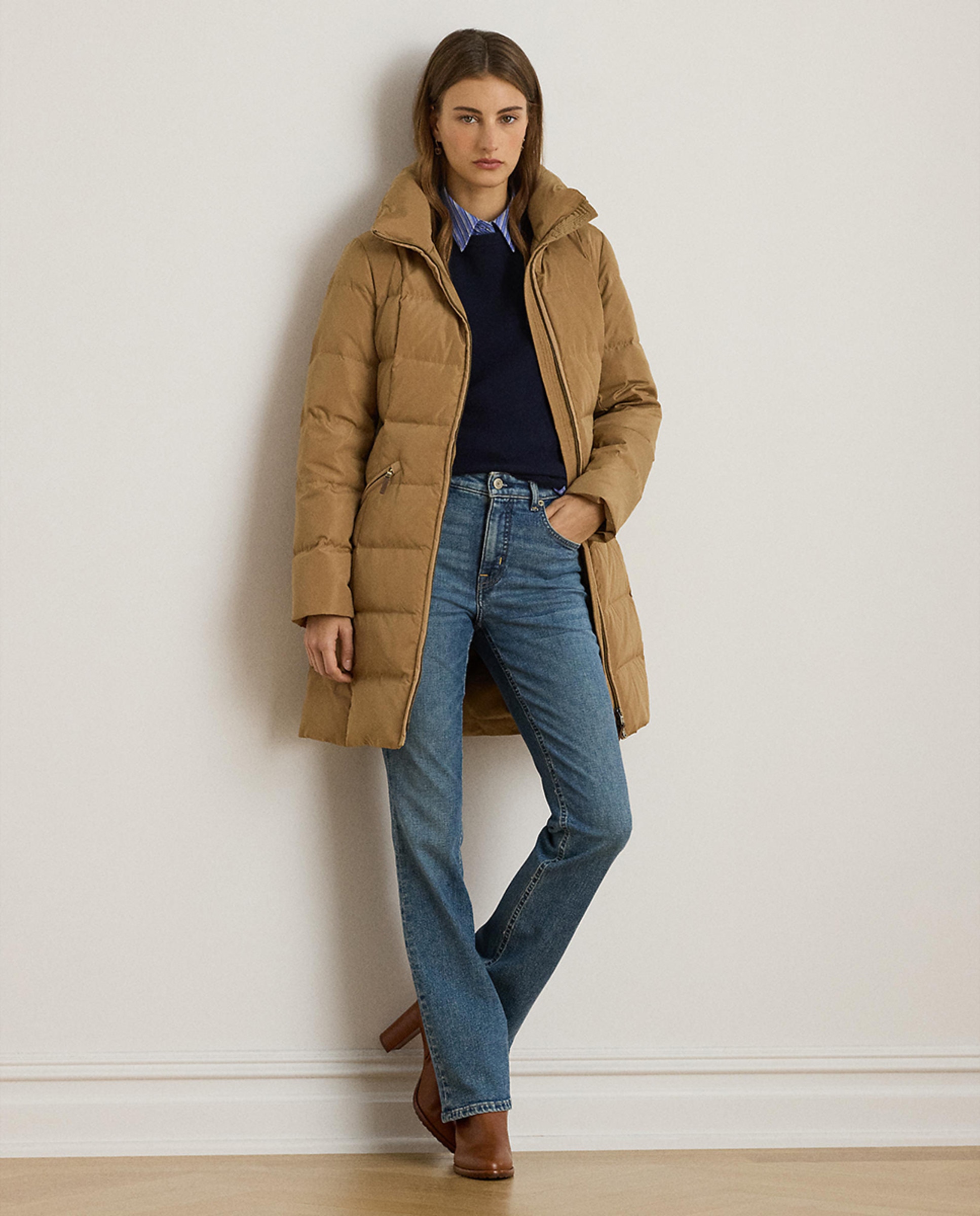 Blusão Acolchoado Comprido com Fecho de Correr Camel-1