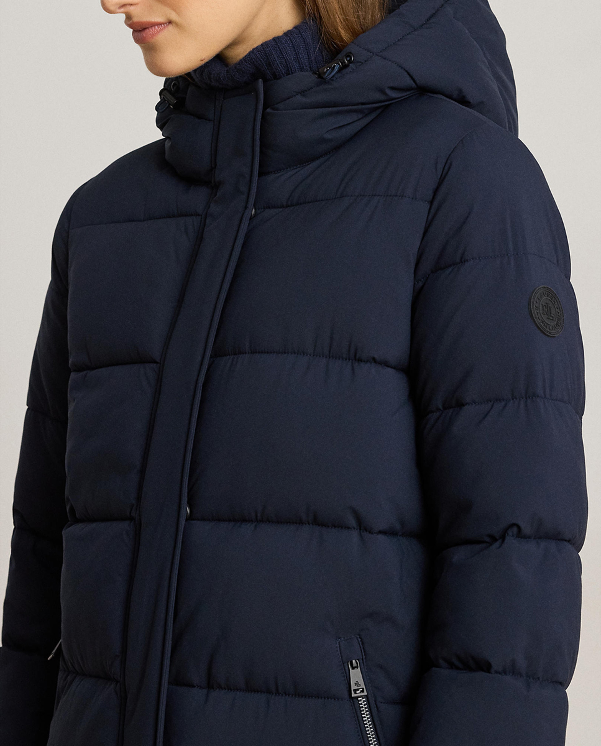 Blusão acolchoado comprido de mulher com capuz Azul-marinho-6