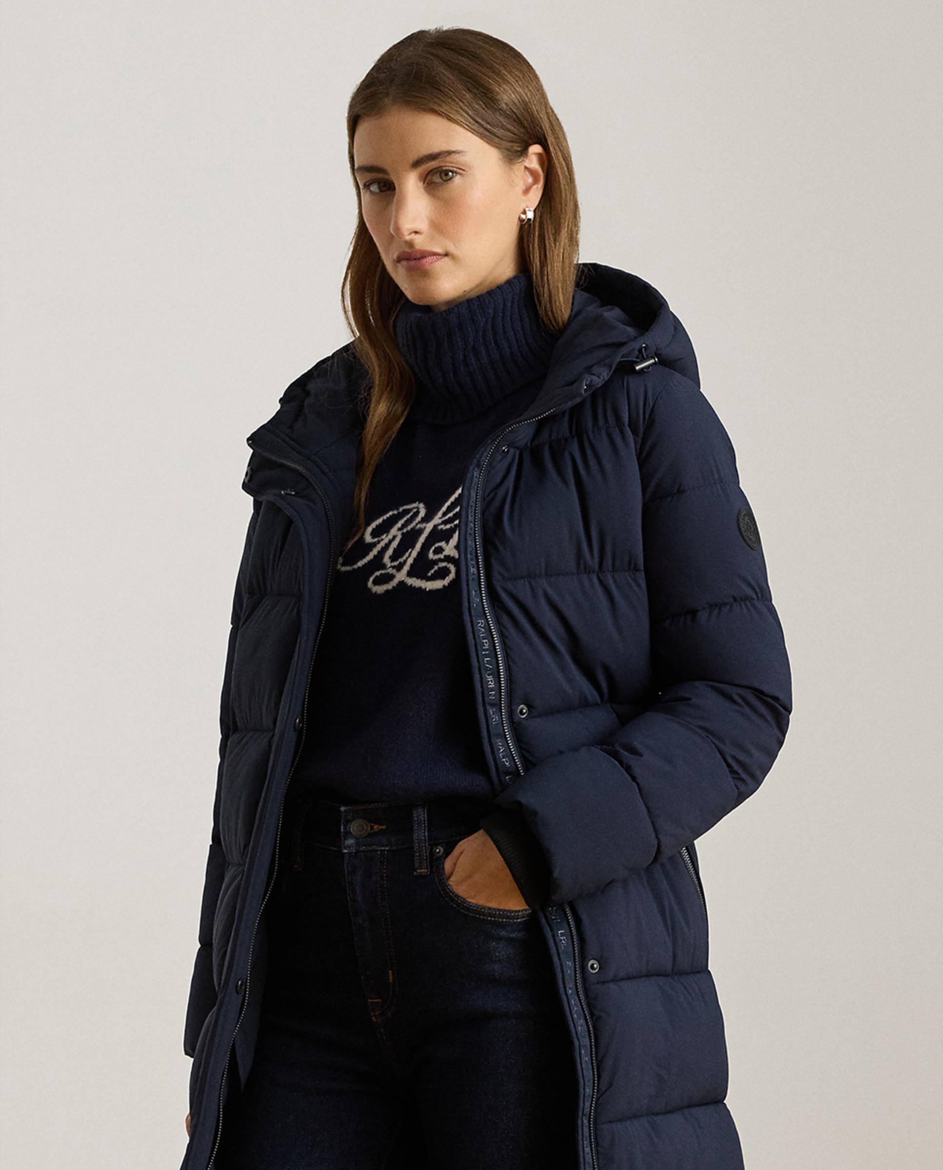 Blusão acolchoado comprido de mulher com capuz Azul-marinho-4