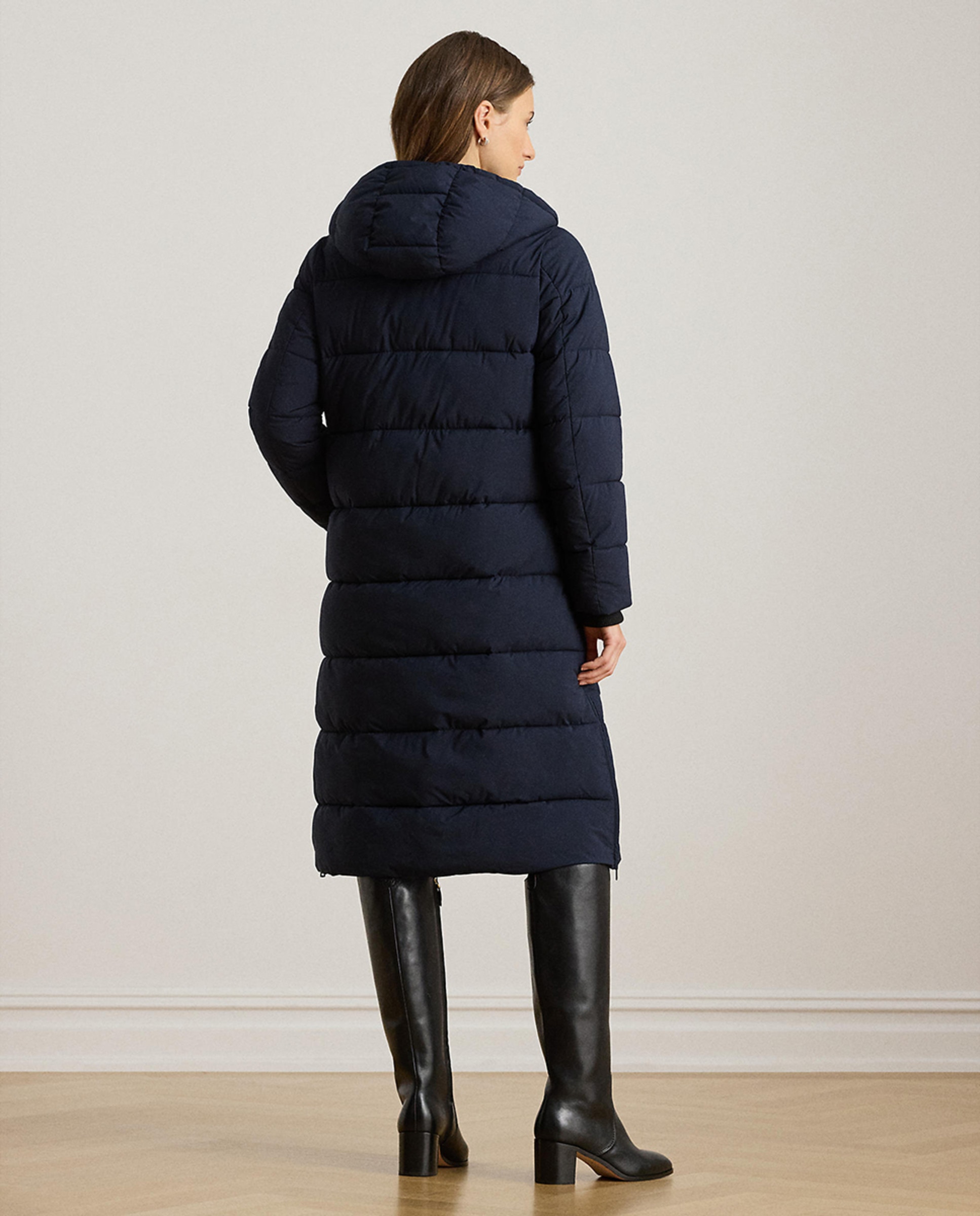 Blusão acolchoado comprido de mulher com capuz Azul-marinho-3