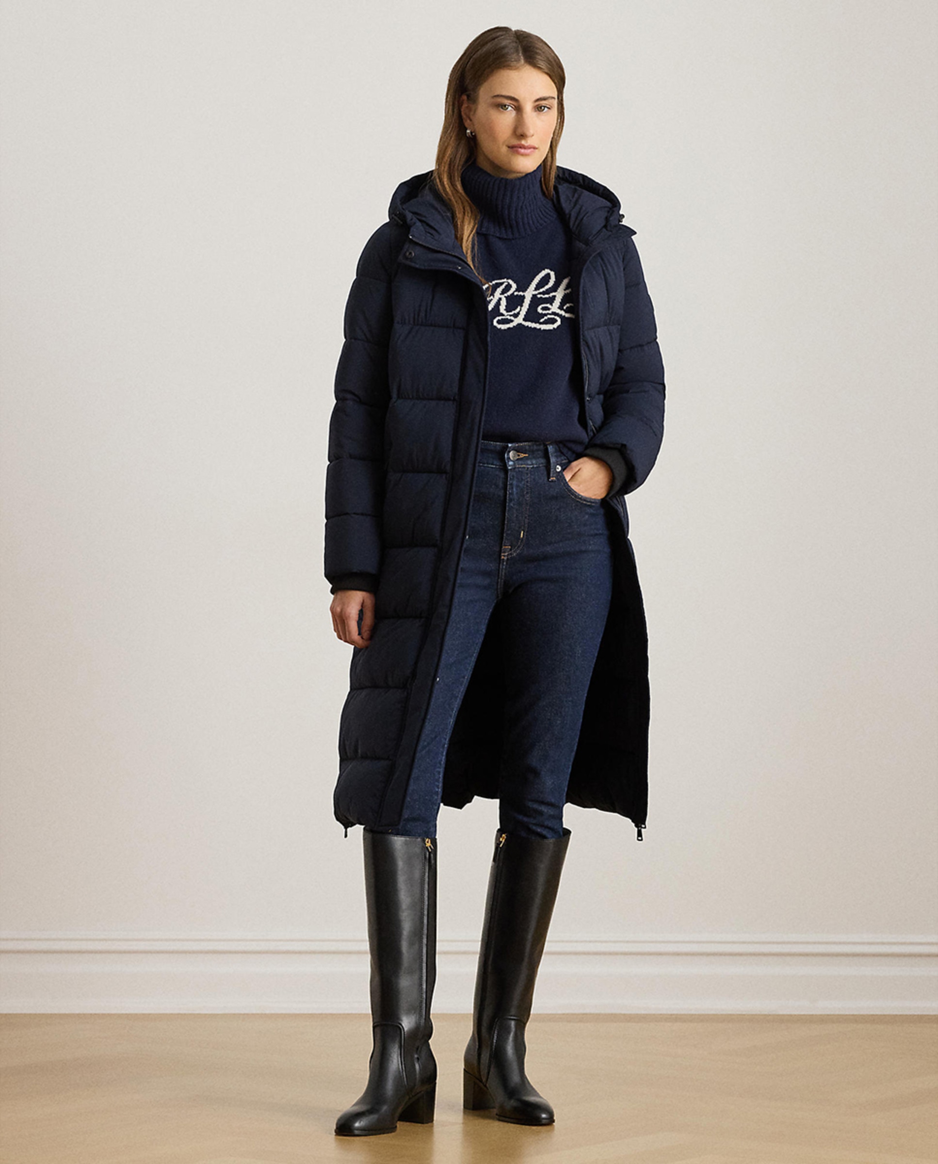 Blusão acolchoado comprido de mulher com capuz Azul-marinho-1