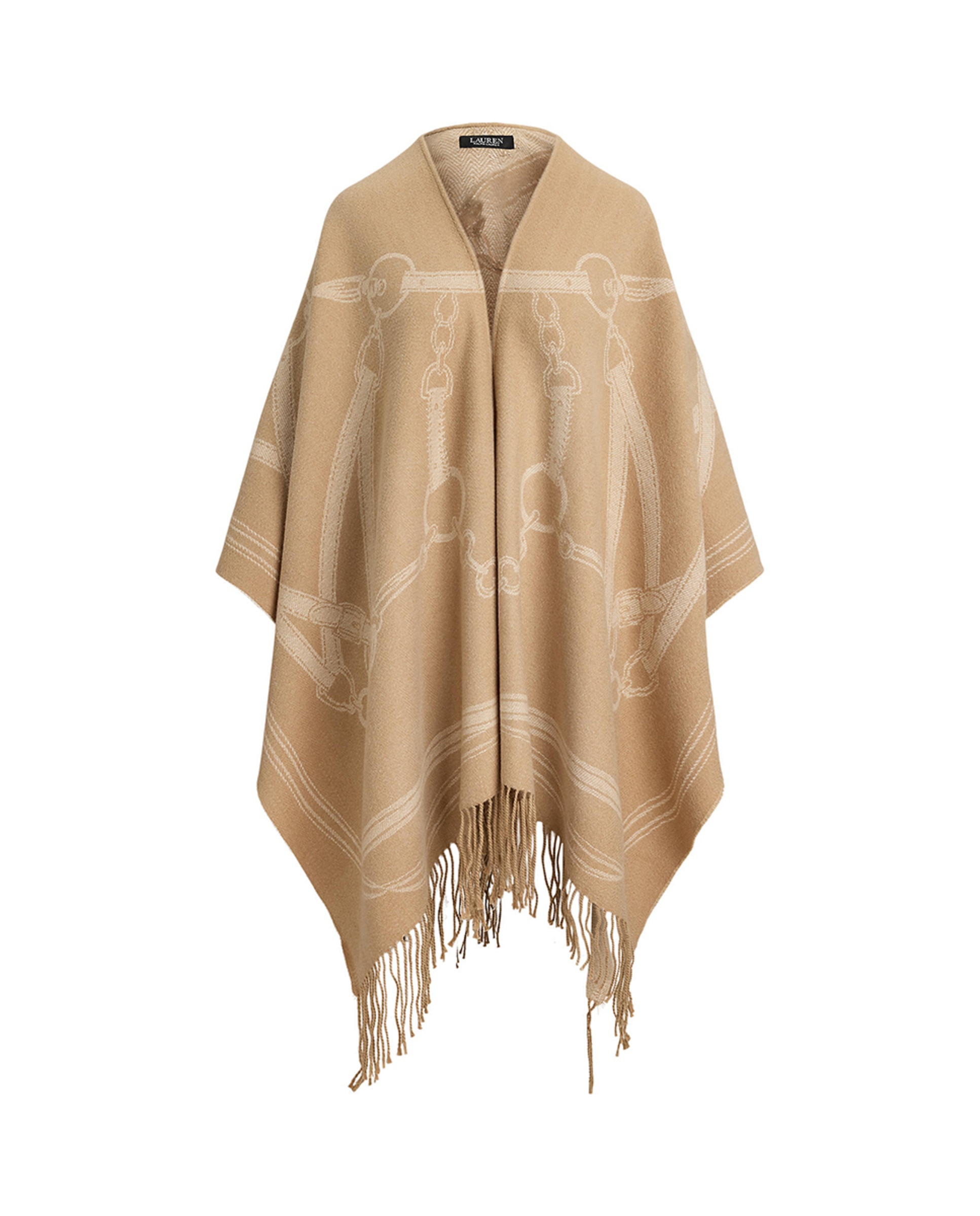 Poncho com Estampado e Franjas Camel-6
