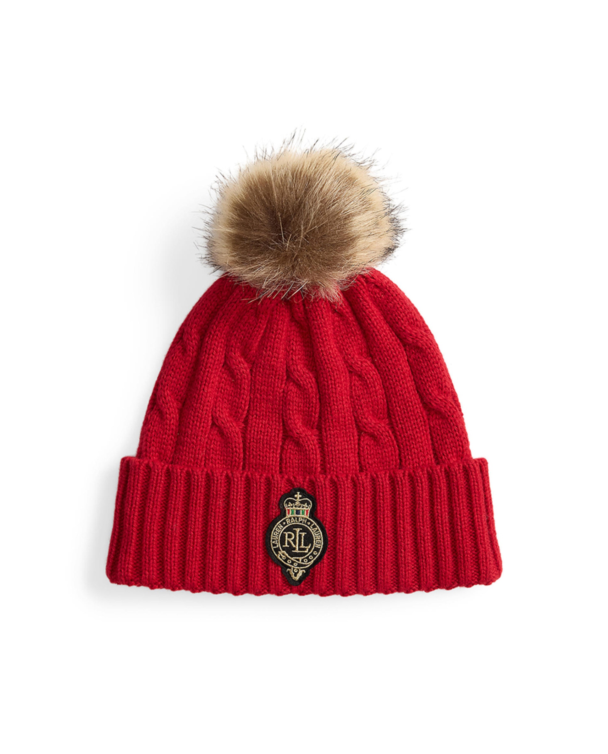 Gorro de mulher de malha do cabo com pompom Vermelho-1