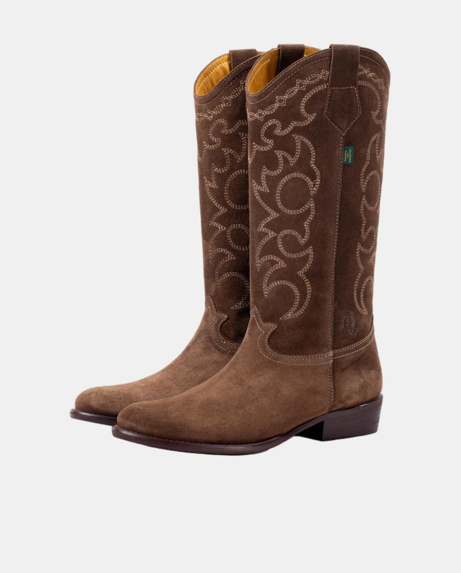 Botas de Cowboy Rasas em Pele com Bordados Castanho-claro-7