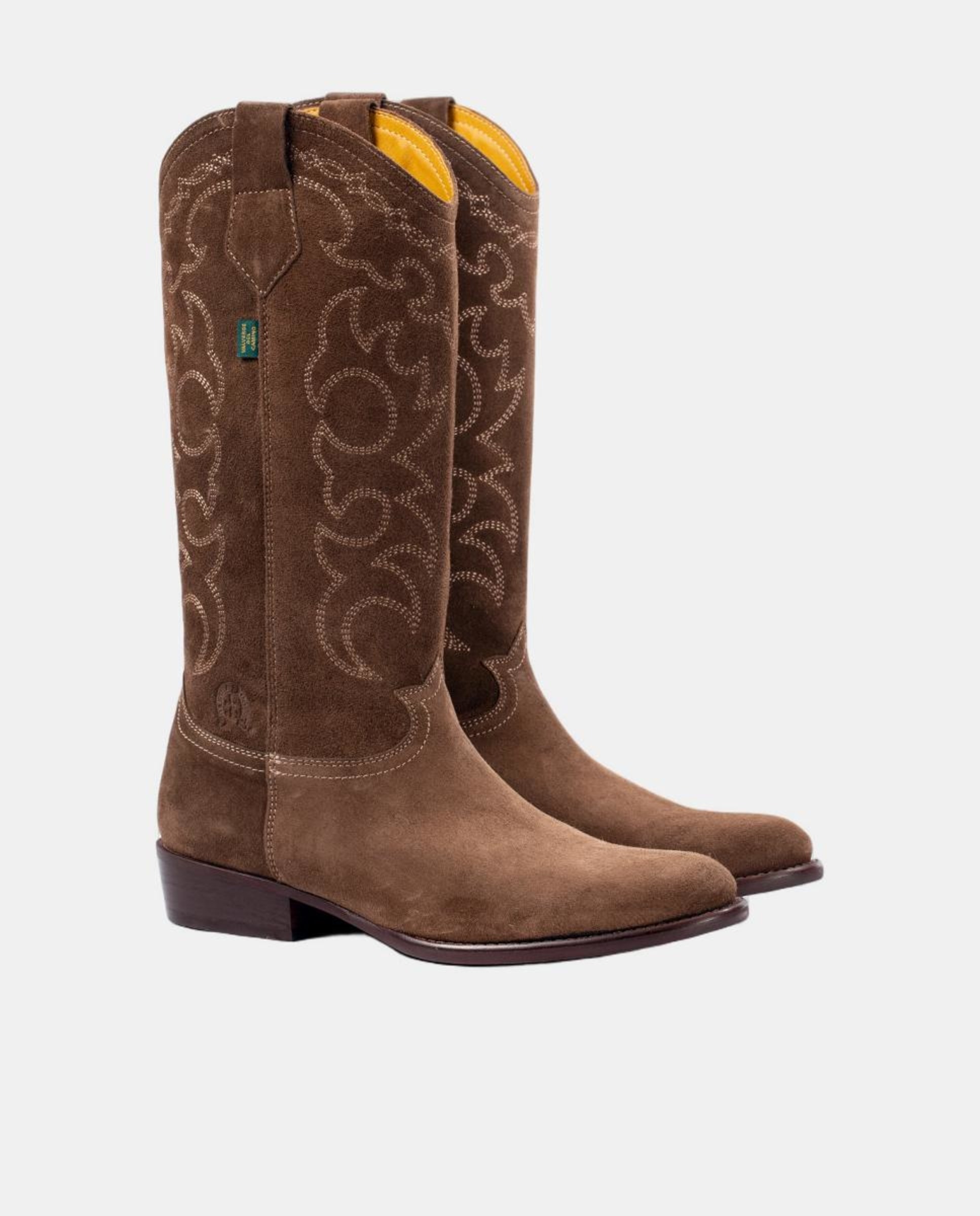 Botas de Cowboy Rasas em Pele com Bordados Castanho-claro-4
