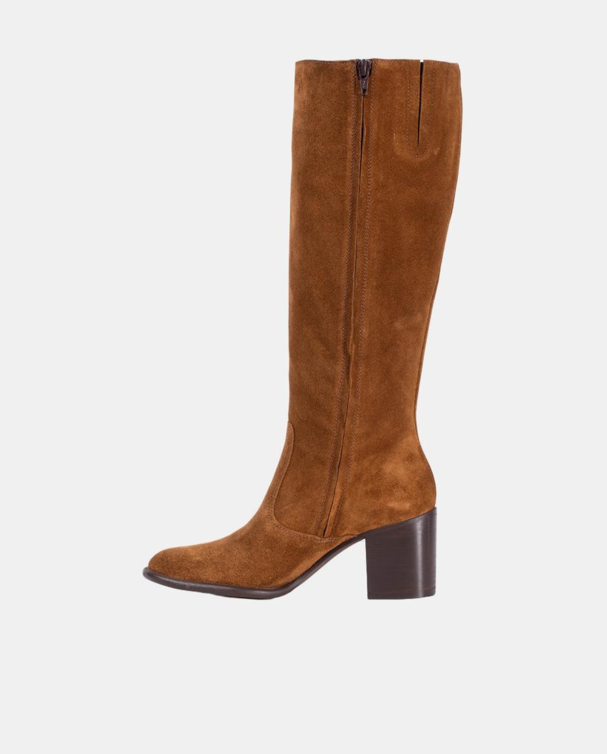 Botas Altas Lisas em Pele com Tacão e Fecho de Correr Castanho taupe-2