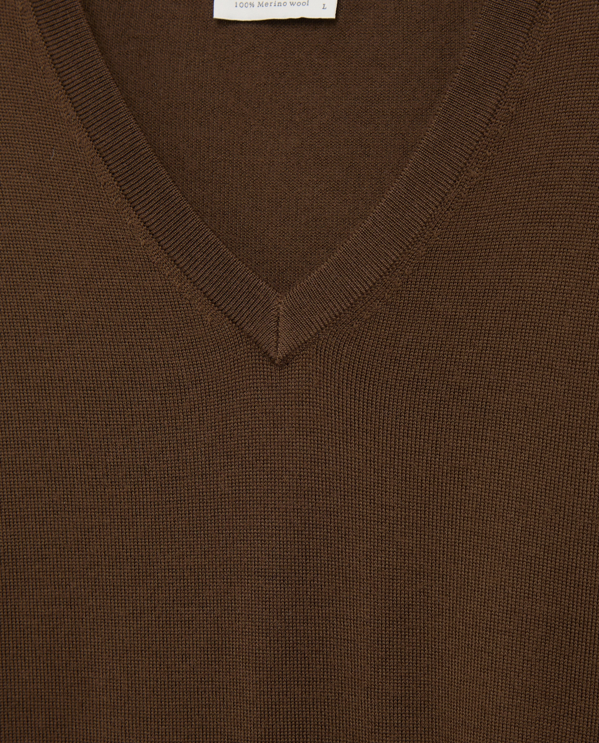 Camisola de Malha Lisa 100% Lã Merino com Decote em Bico Castanho-escuro-5