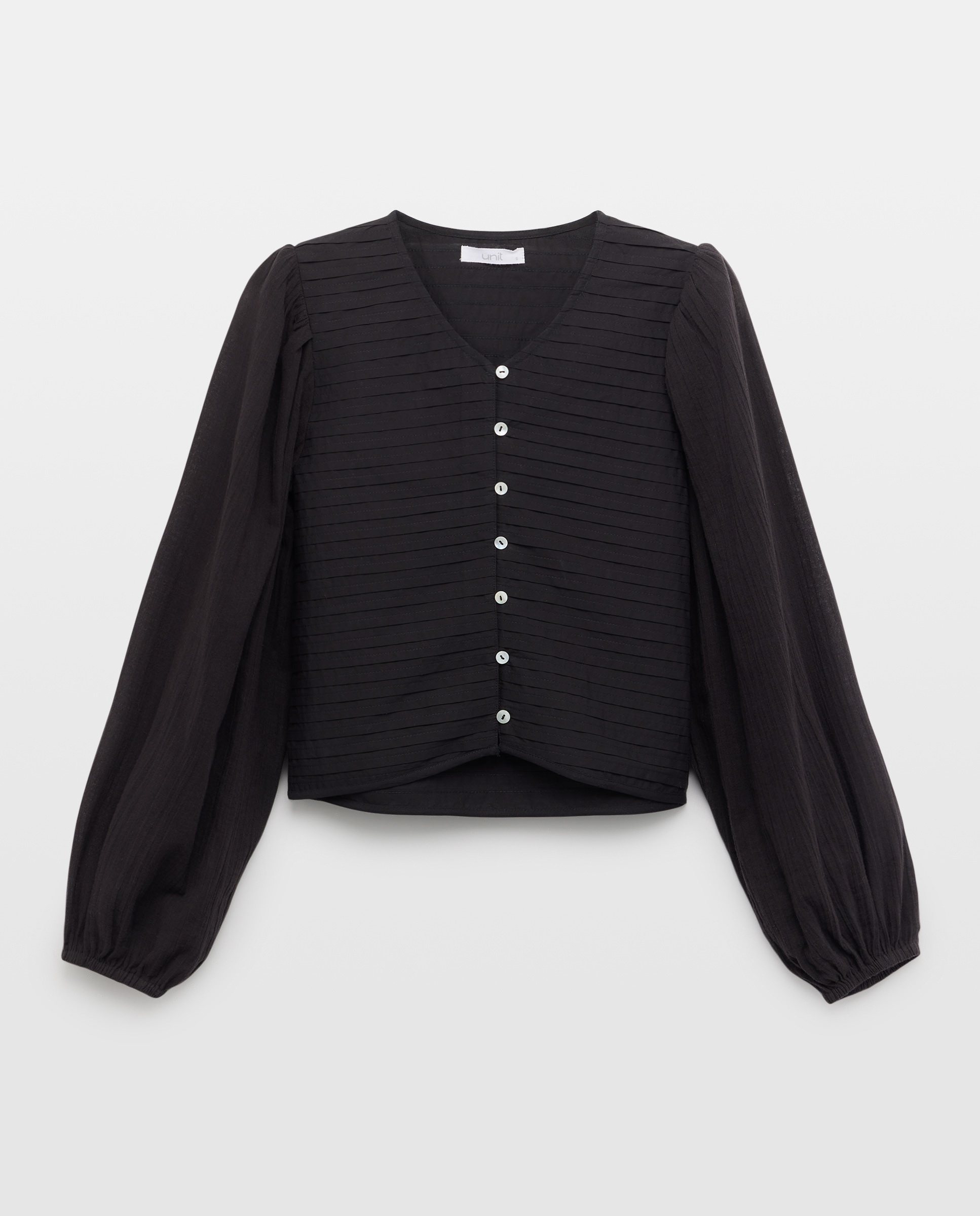 Blusa de mujer manga abullonada con jaretas Negro-4