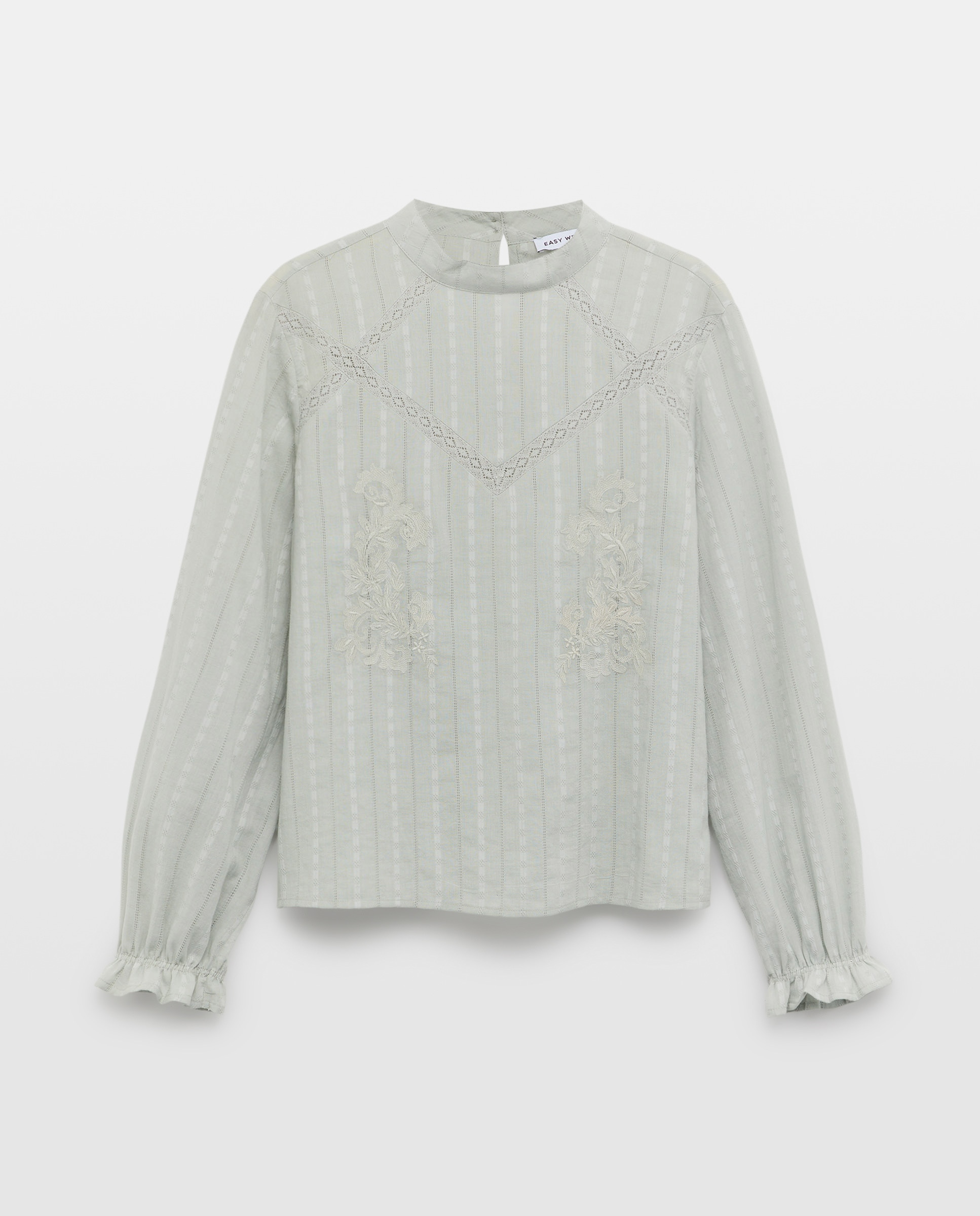 Camisa Romântica Lisa de Algodão com Manga Comprida Sálvia-5