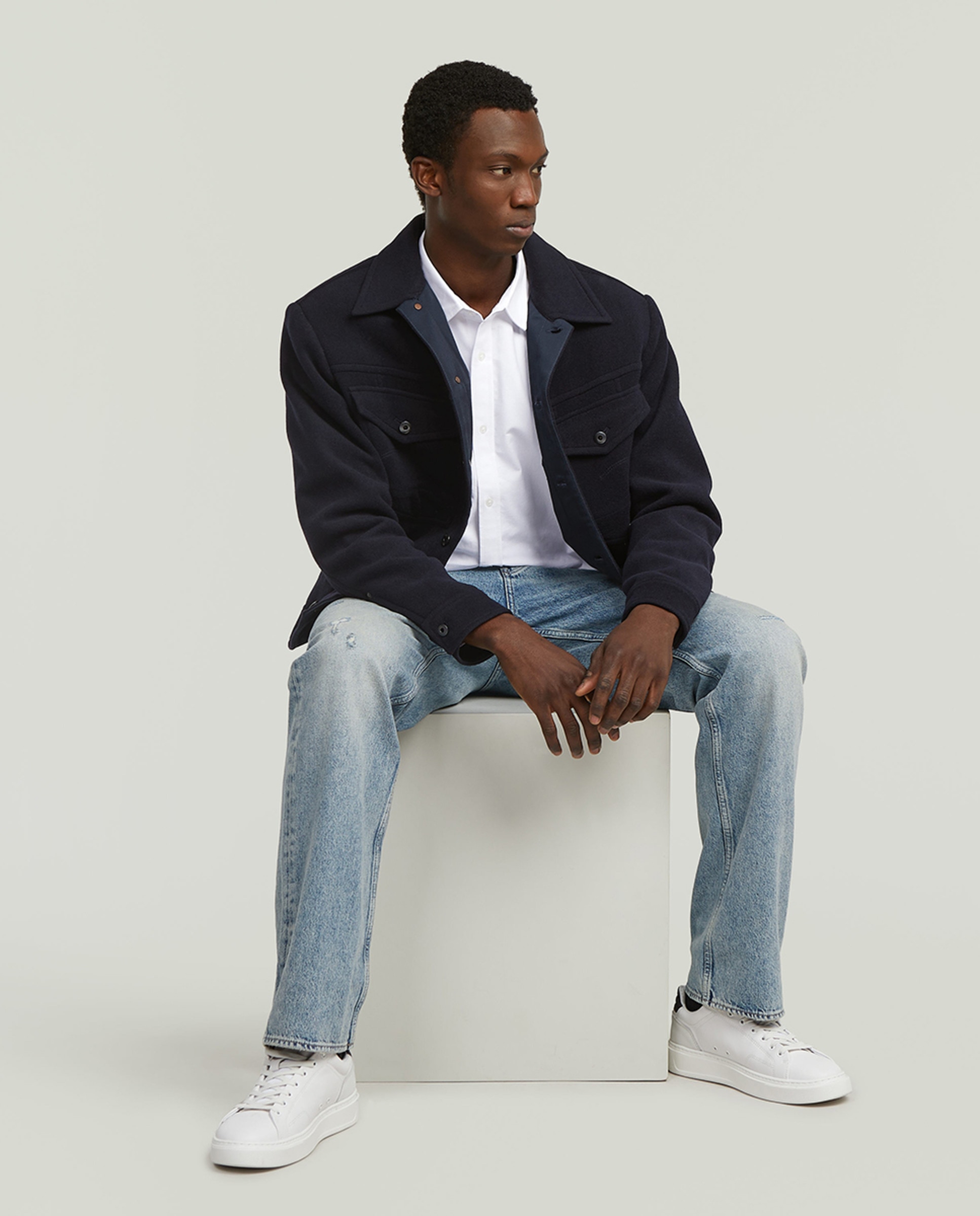 Casaco de Lã Estilo Blusão Azul-4