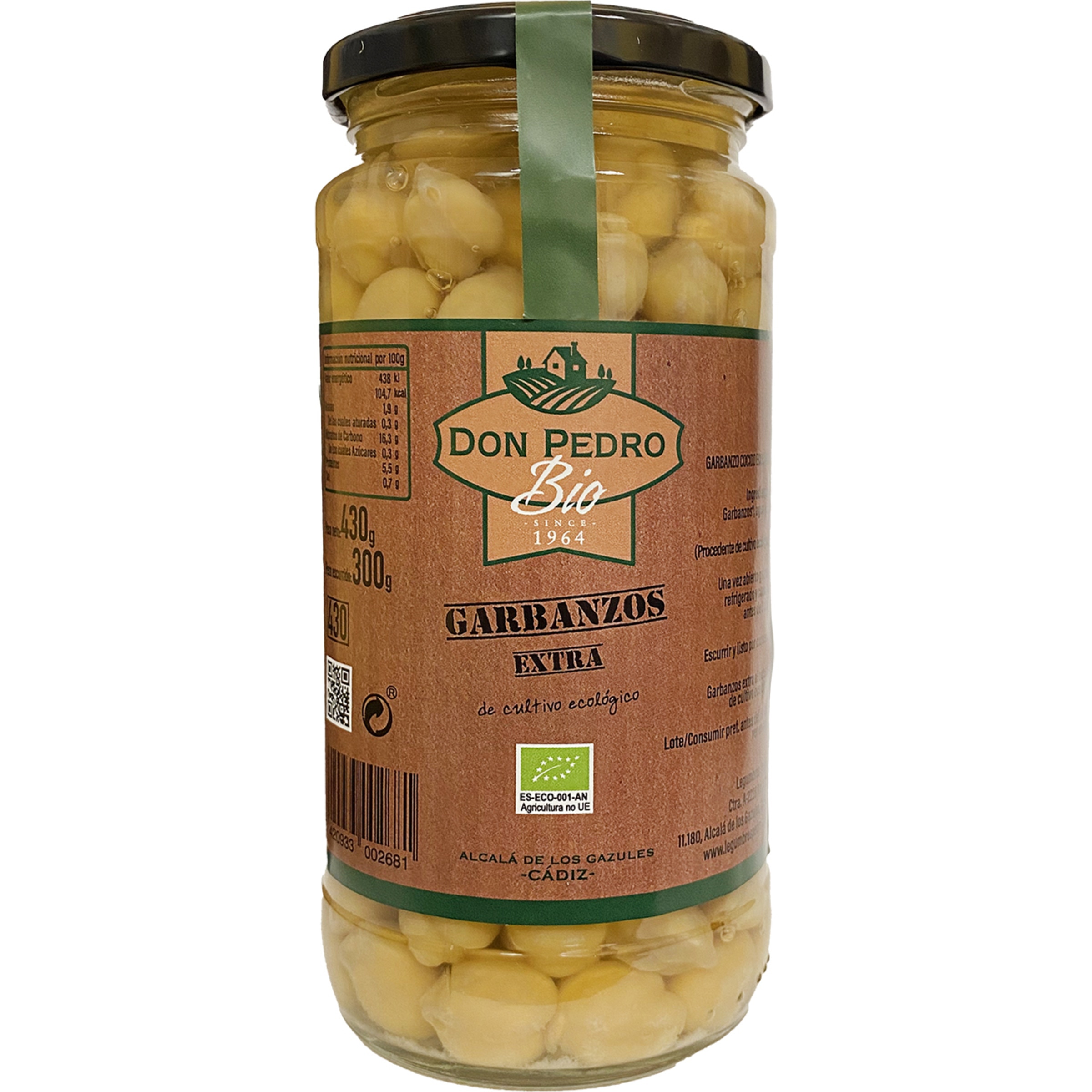 garbanzo cocido extra de cultivo ecológico frasco 300 g neto escurrido