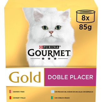 Gold Doble Placer comida húmeda para gatos surtido de carnes y pescados 8 latas 85 g - Gourmet