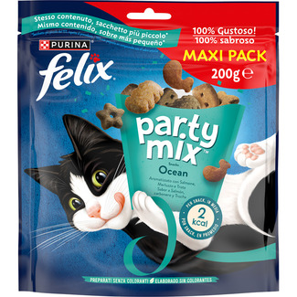 Party Mix snacks para gatos con sabor a salmón, carbonero y trucha envase 200 g - Felix