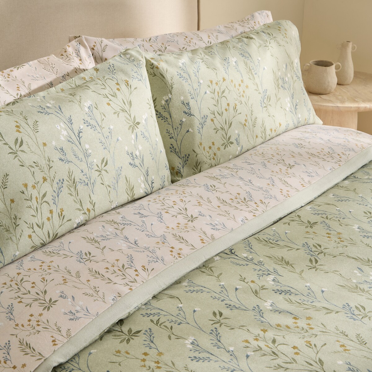 Conjunto de Capa de Edredão de Flanela de Algodão Flor Verde-7