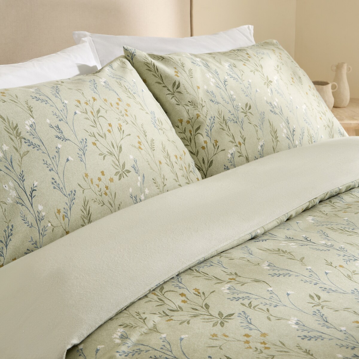 Conjunto de Capa de Edredão de Flanela de Algodão Flor Verde-3