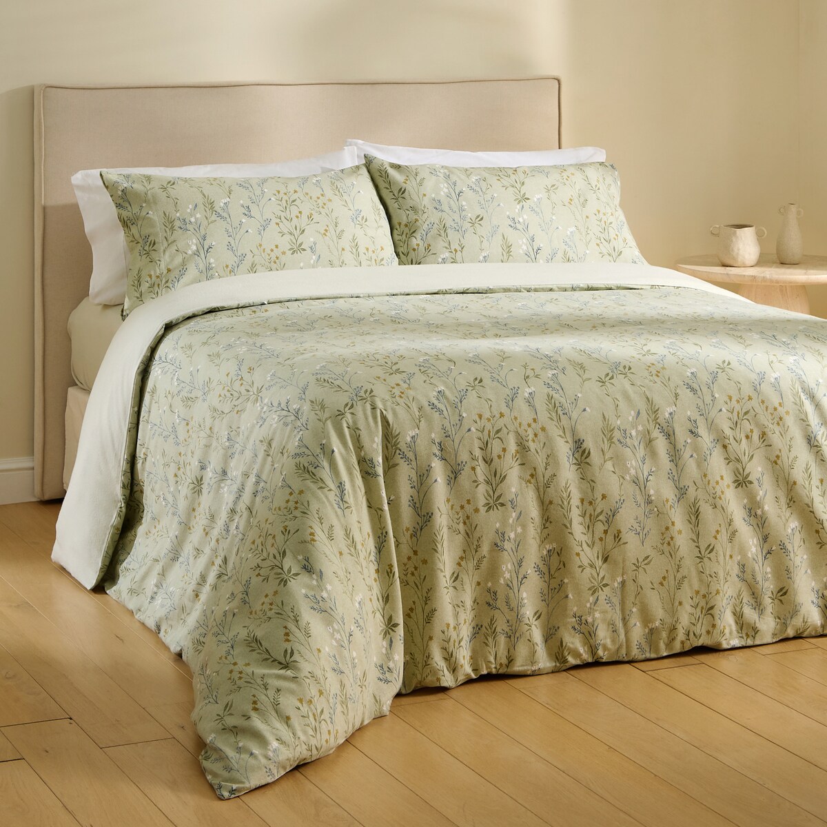 Conjunto de Capa de Edredão de Flanela de Algodão Flor Verde-1