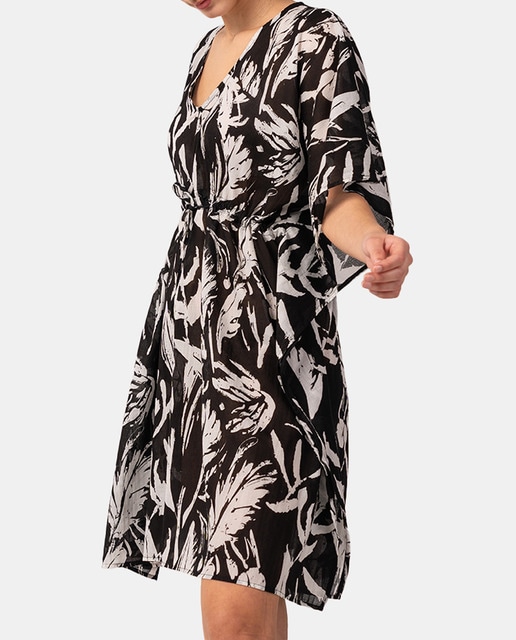 Imagen 0 de Caftán de mujer de algodón con print tropical en negro