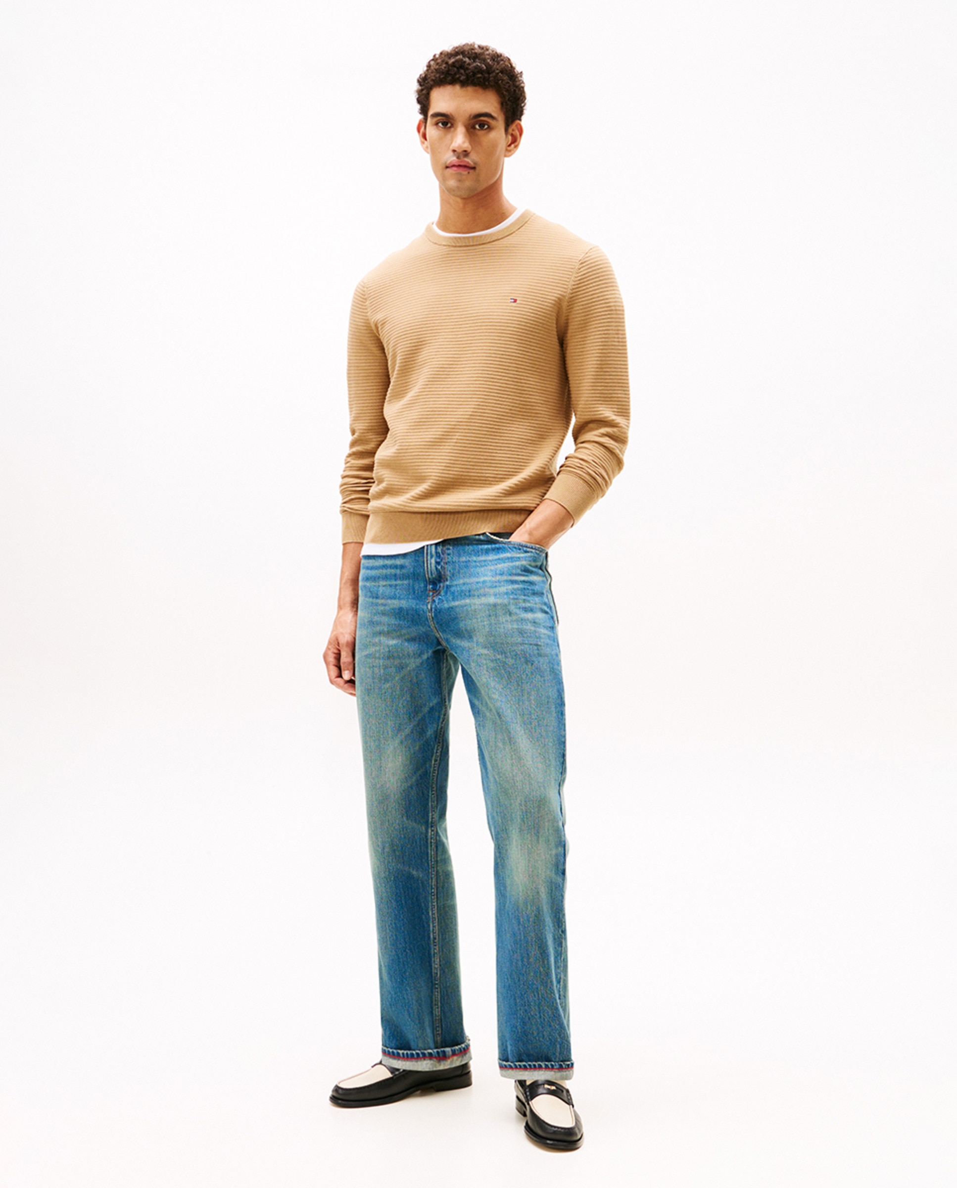 Camisola de Malha de Estrutura com Gola Redonda Bege-5