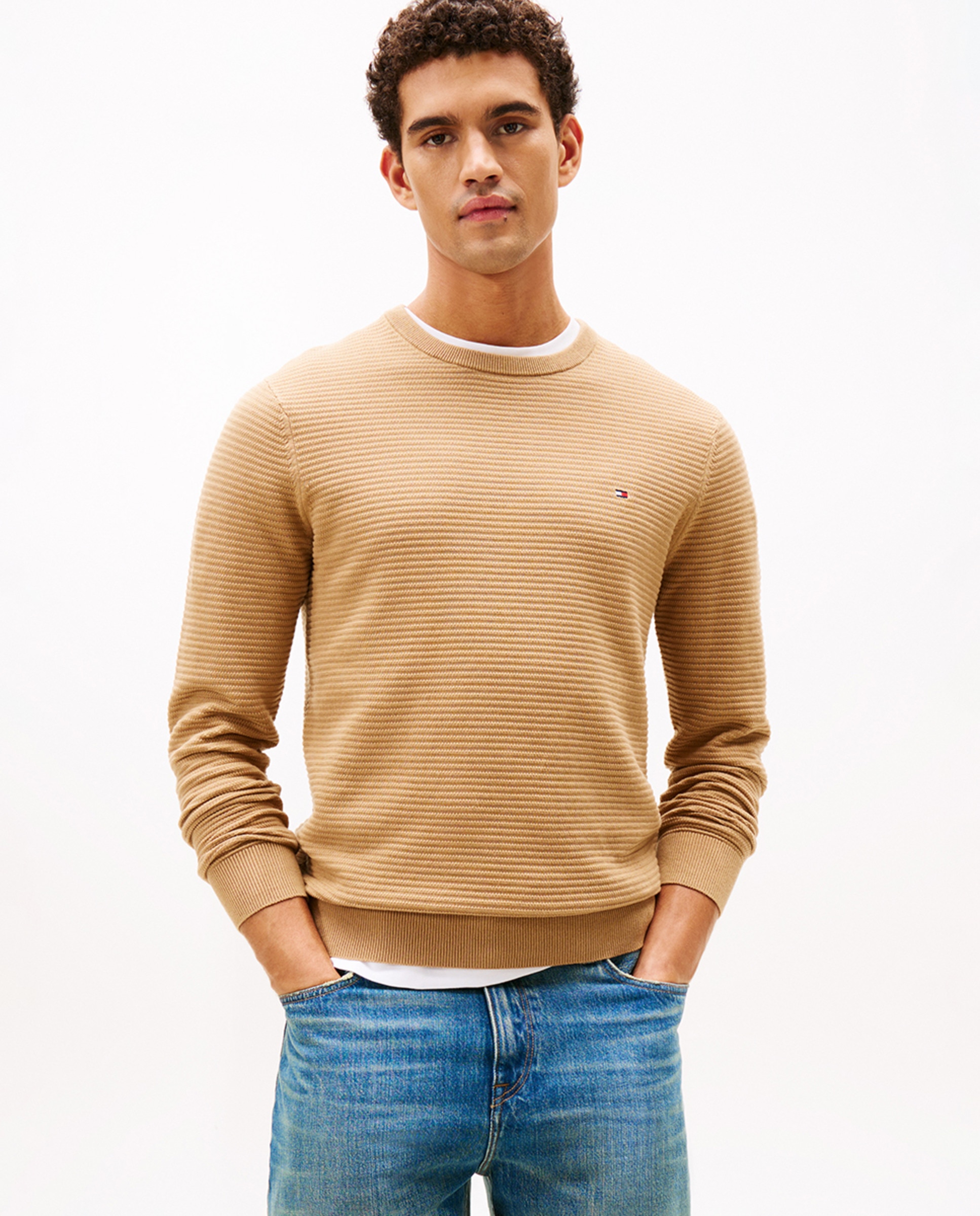 Camisola de Malha de Estrutura com Gola Redonda Bege-1