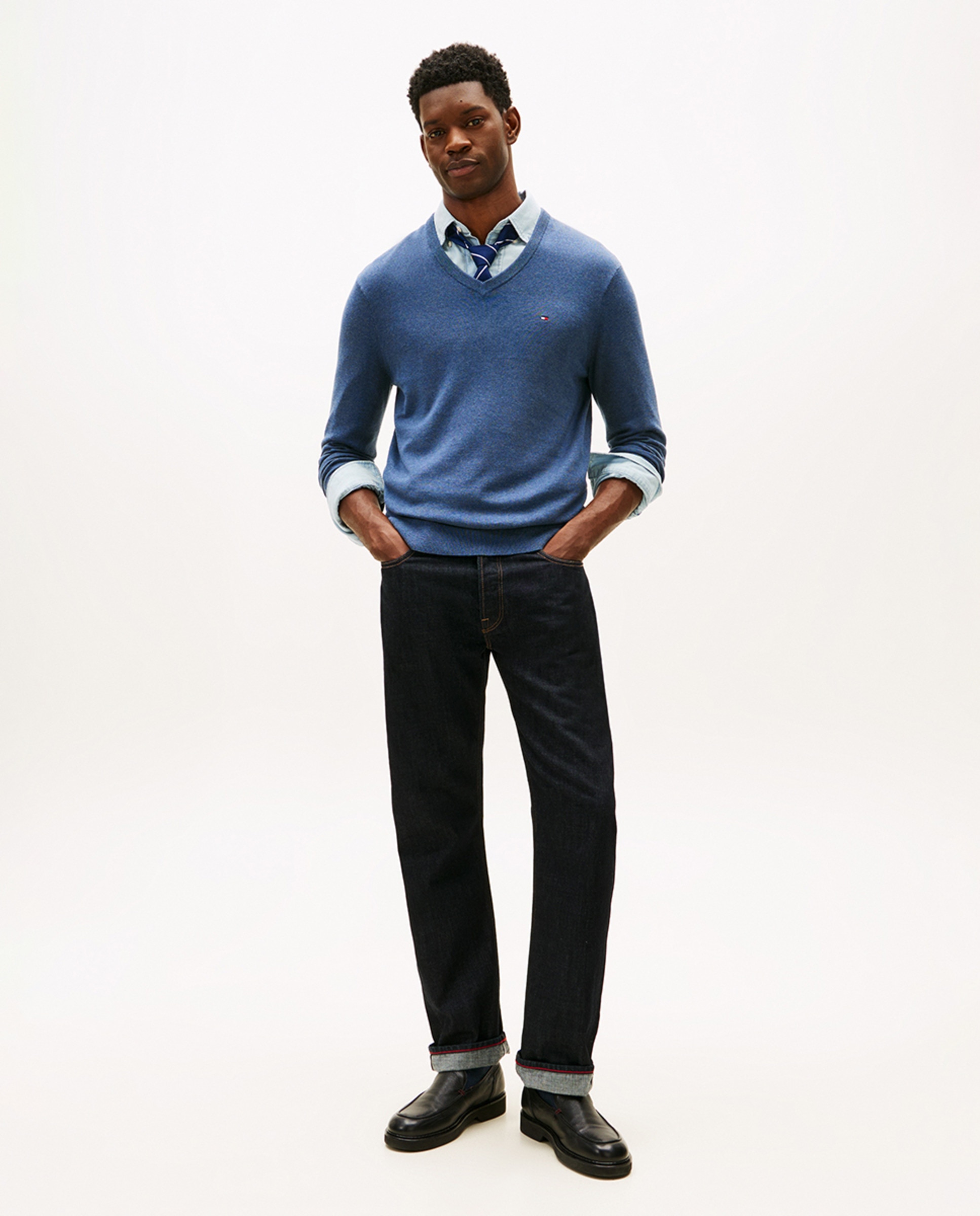 Camisola de malha com decote em bico Azul-índigo-5