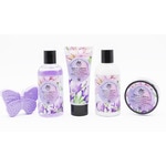 Badeset Weidenkorb Iris und Lilien mit Duschgel, Körperlotion, Körperpeeling und Handcreme