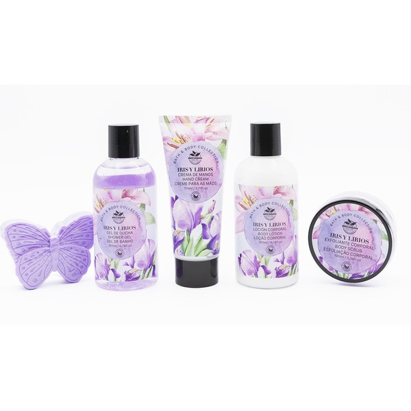 Badeset Weidenkorb Iris und Lilien mit Duschgel, Körperlotion, Körperpeeling und Handcreme