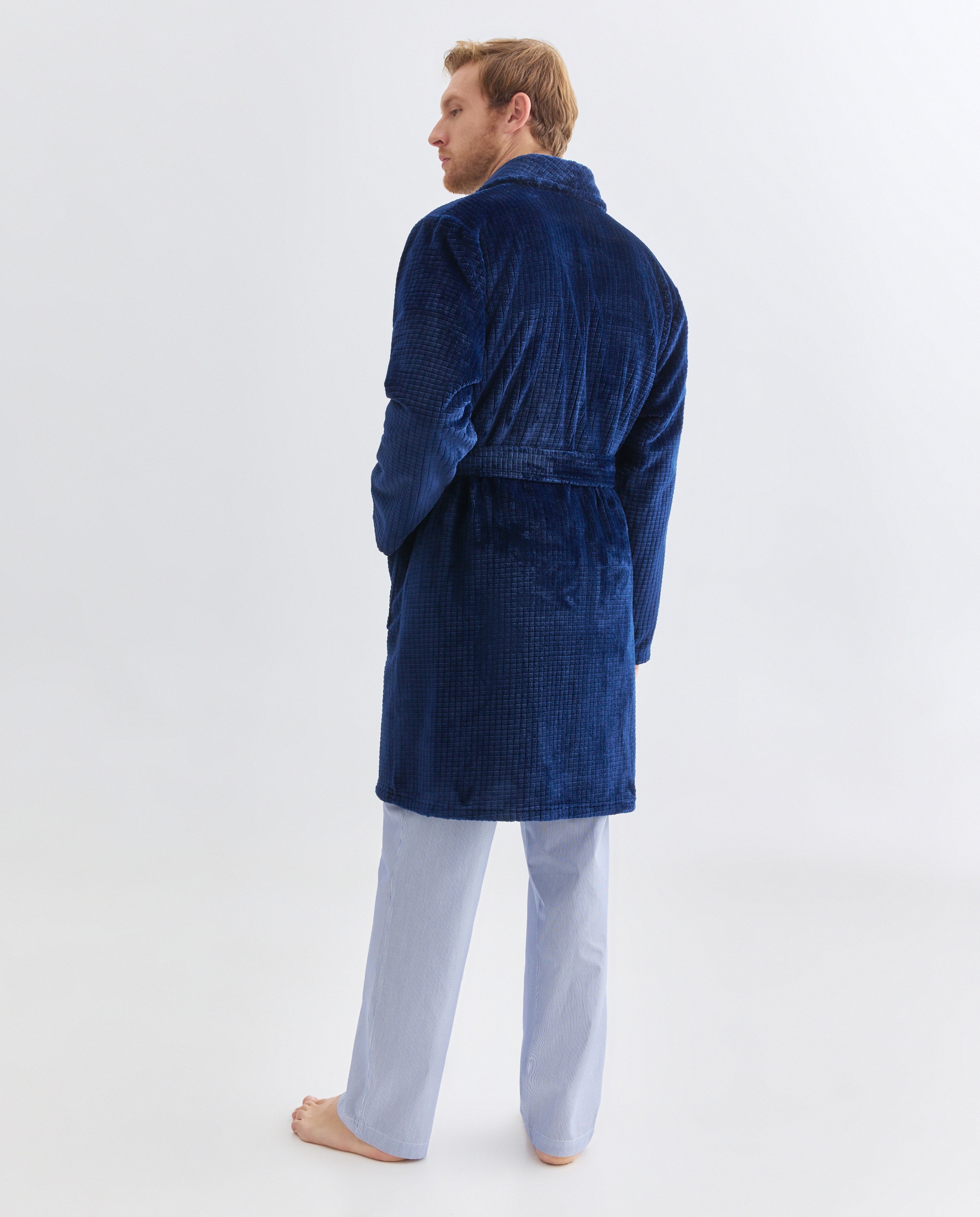 Roupão em Velour com Estrutura aos Quadrados Azul-marinho-2