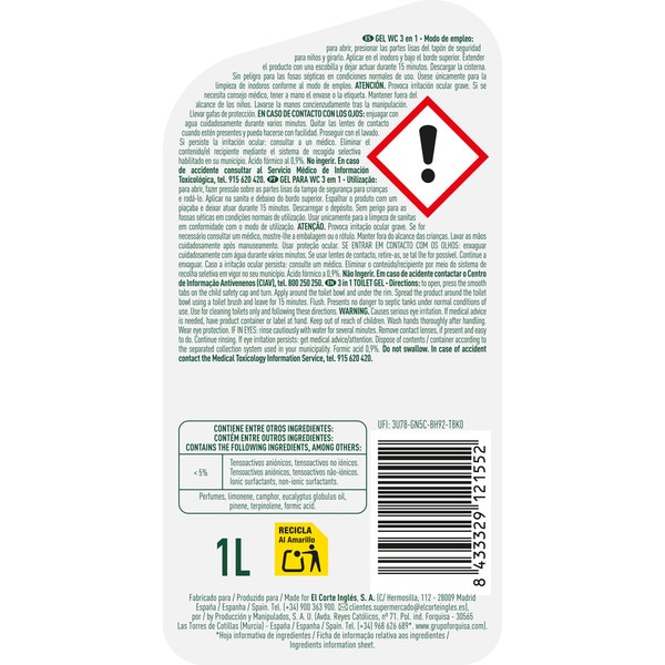 WC-Desinfektionsmittel in Gel 3 in 1 Fichtennadeln Flasche 1 l