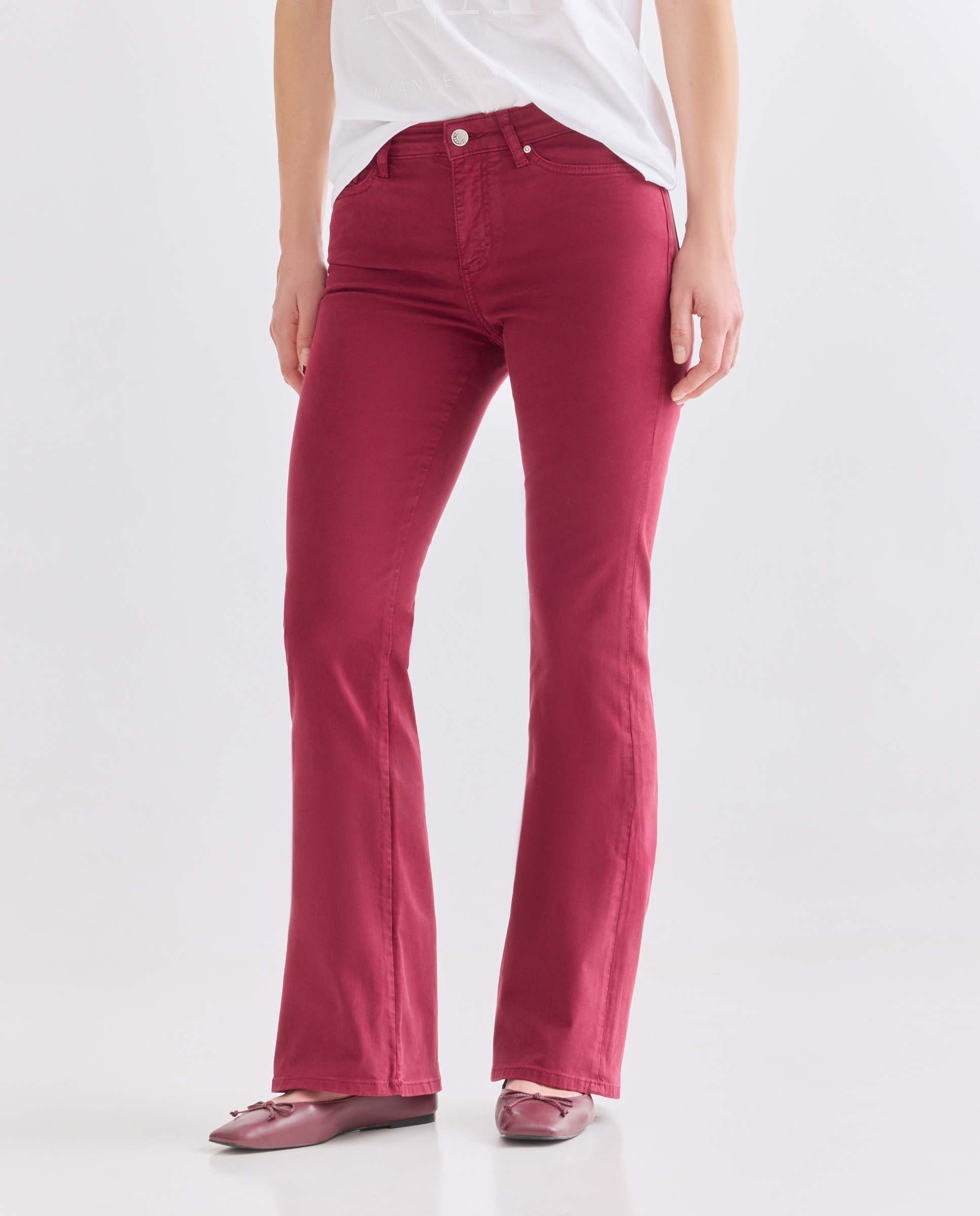 Calças de 5 Bolsos J98 à Boca de Sino com Cintura Subida Bordeaux-2