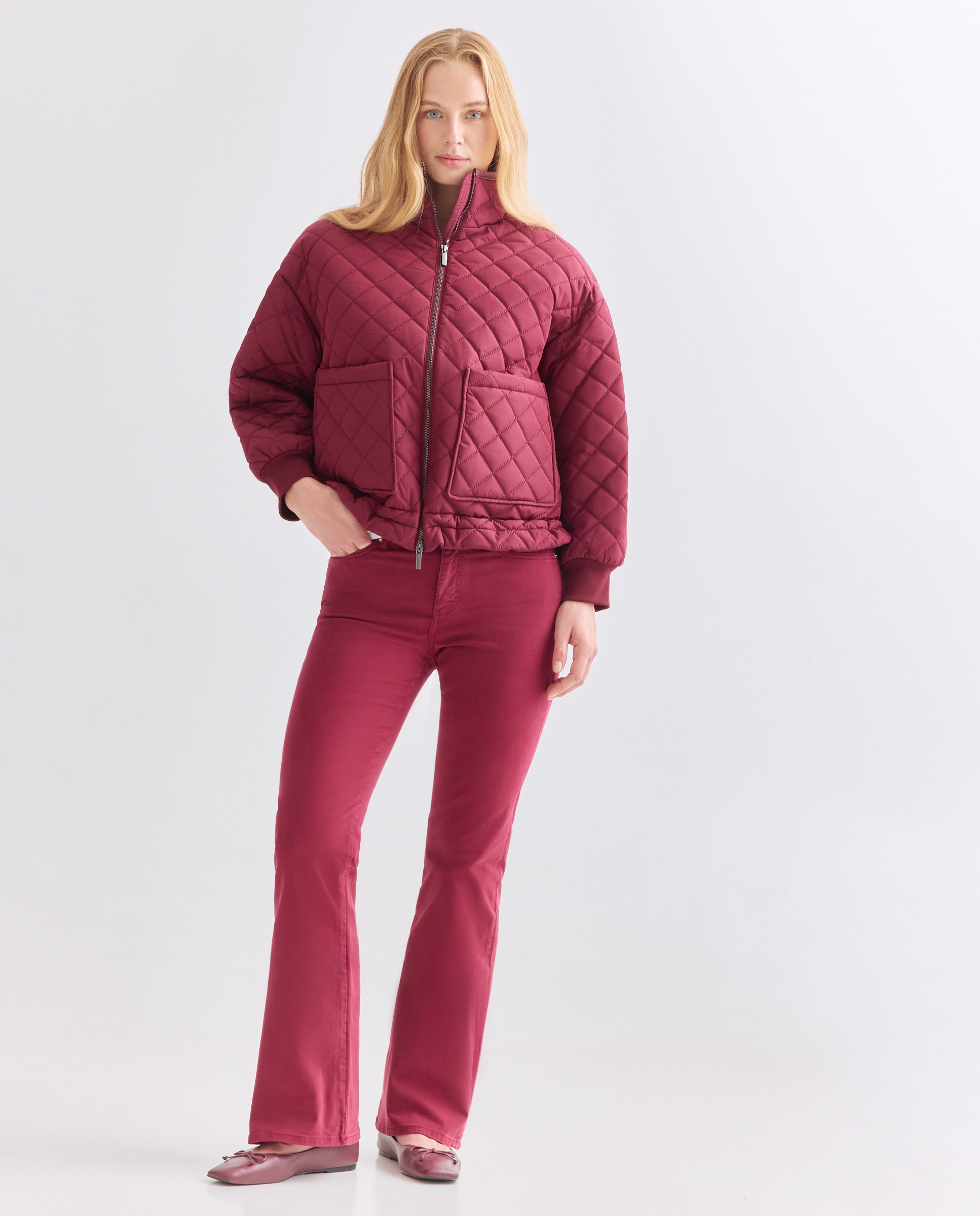 Calças de 5 Bolsos J98 à Boca de Sino com Cintura Subida Bordeaux-1