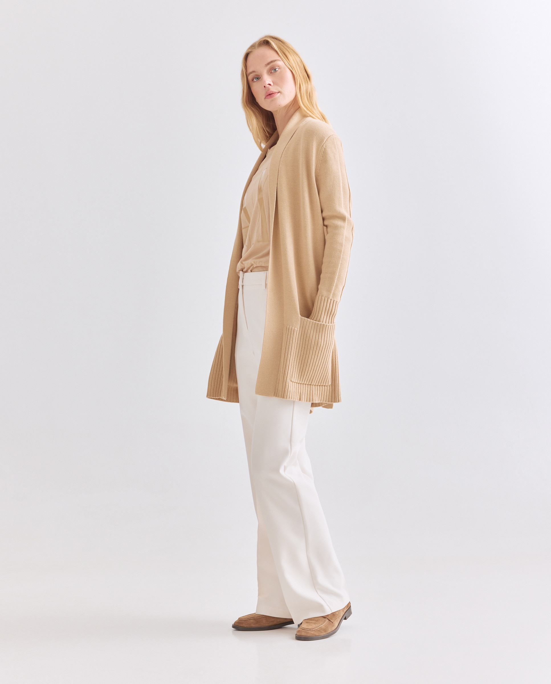 Cardigan até à Anca com Cinto Cápsula Cozy Lab Bege-2