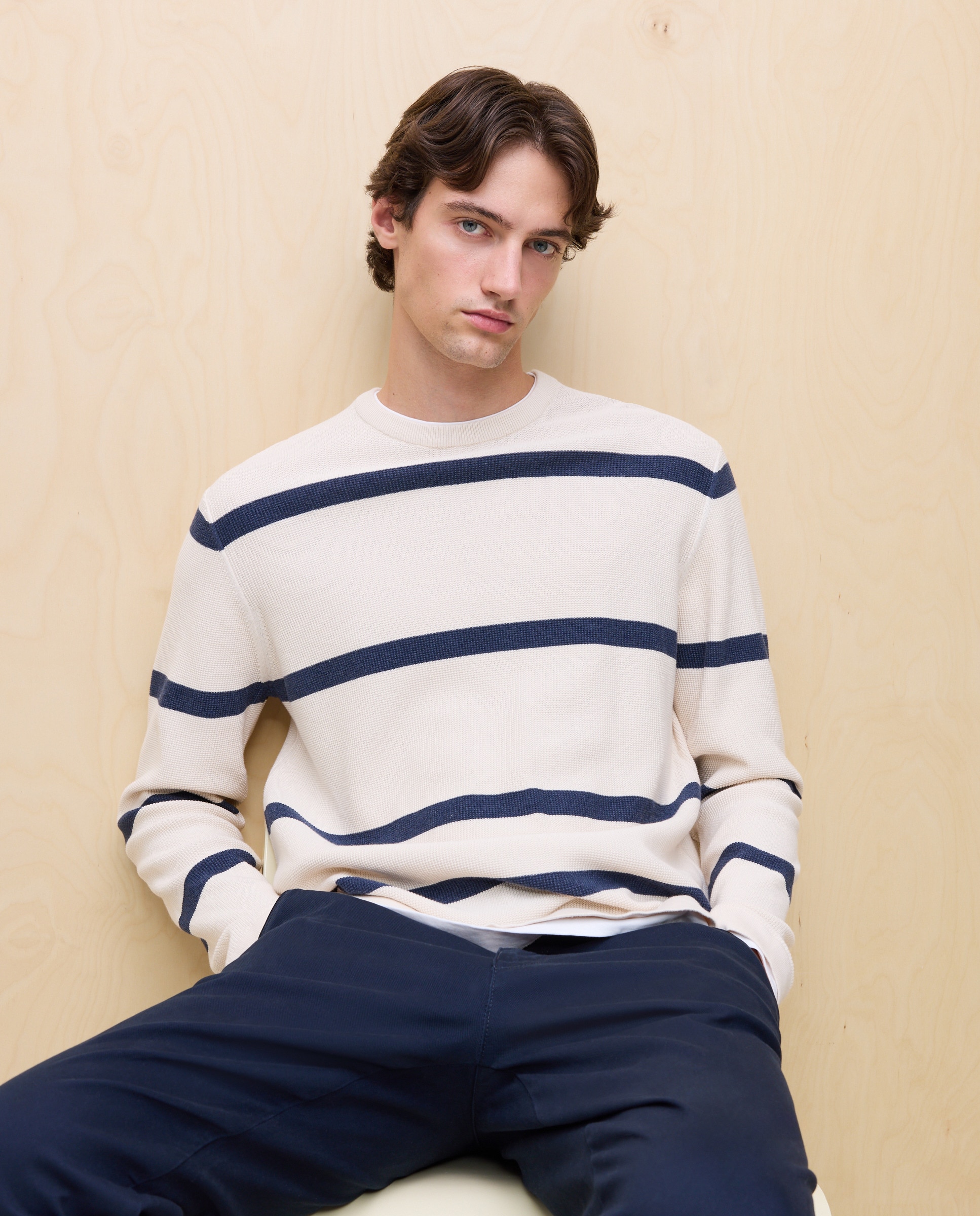 Camisola de Malha às Riscas Azul-marinho-2