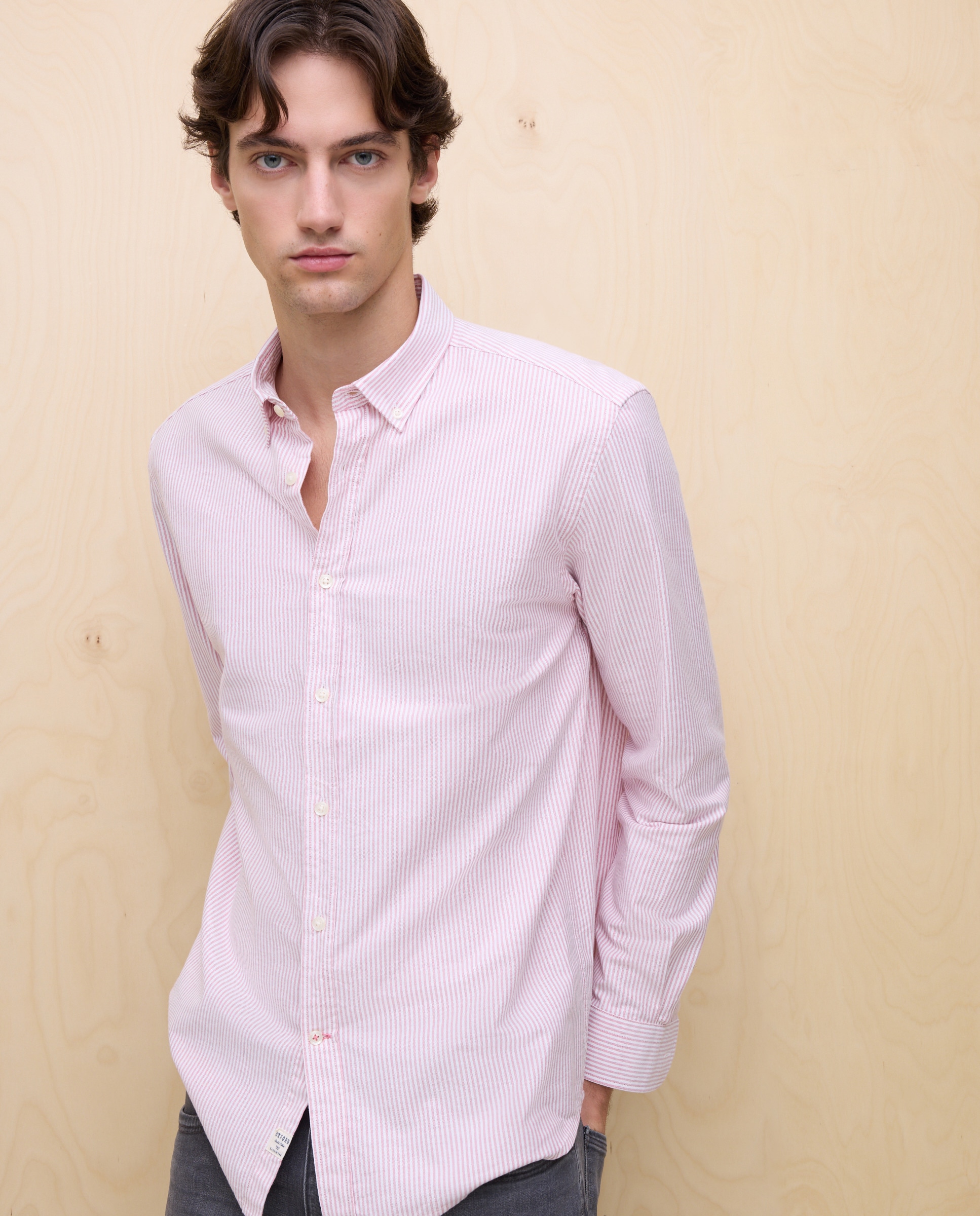 Camisa Oxford às Riscas com Manga Comprida Cereja-1