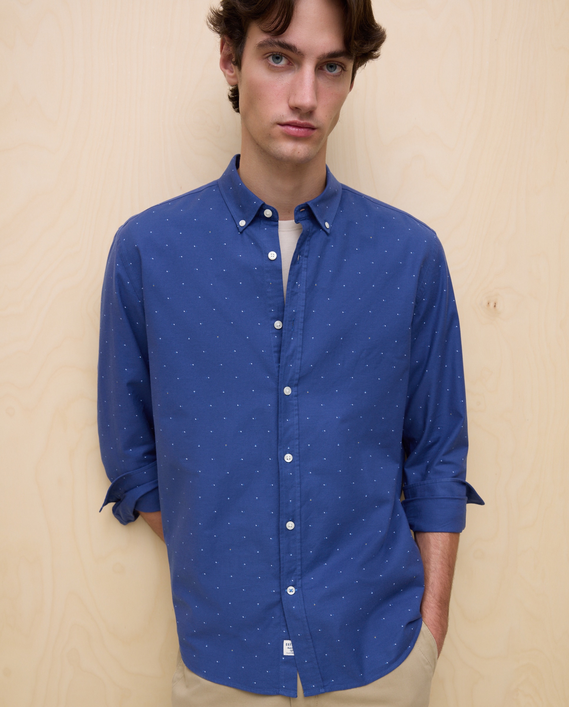 Camisa Oxford Estampada de Manga Comprida Azul-marinho-1
