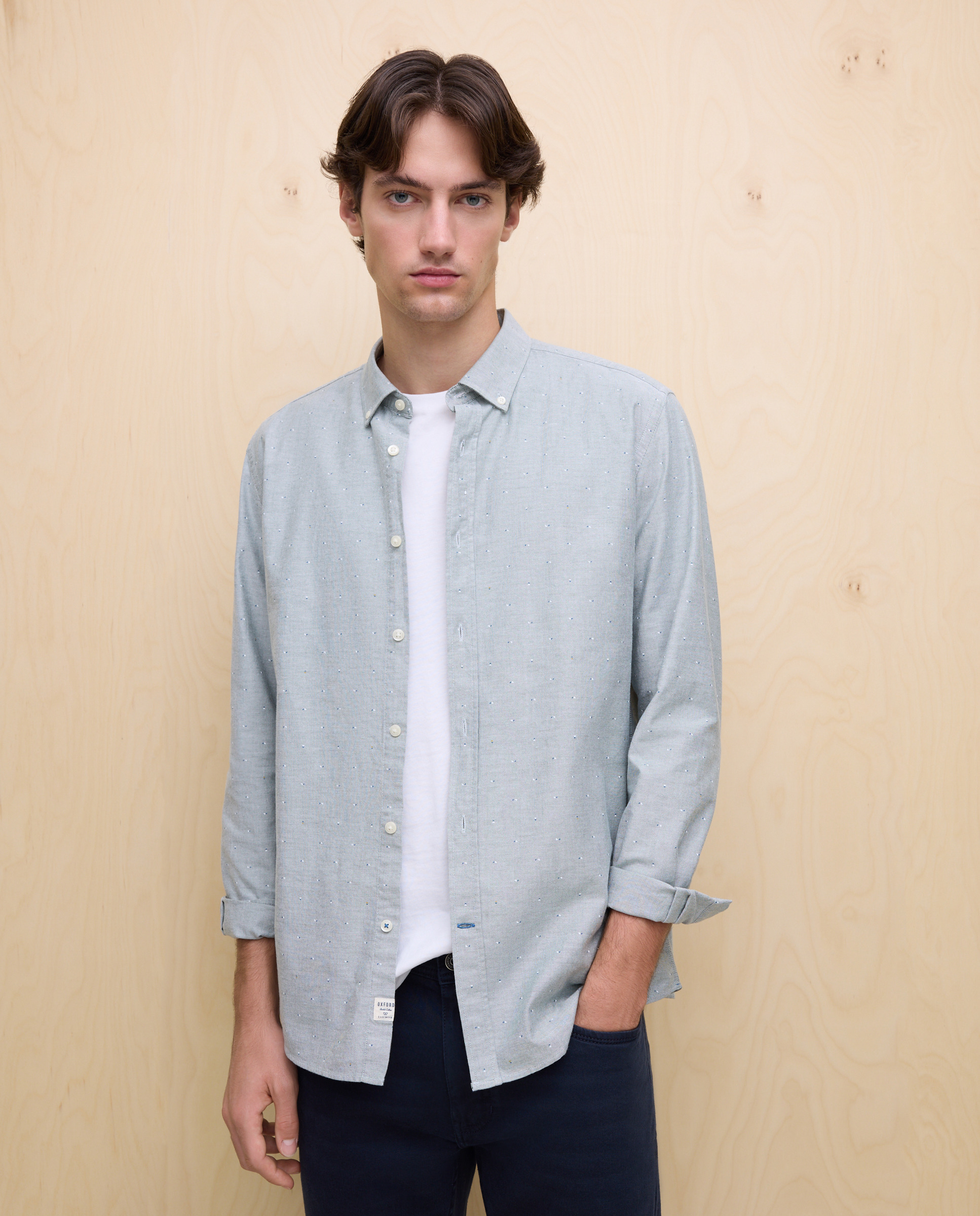 Camisa Oxford Estampada de Manga Comprida 520 Caqui-1