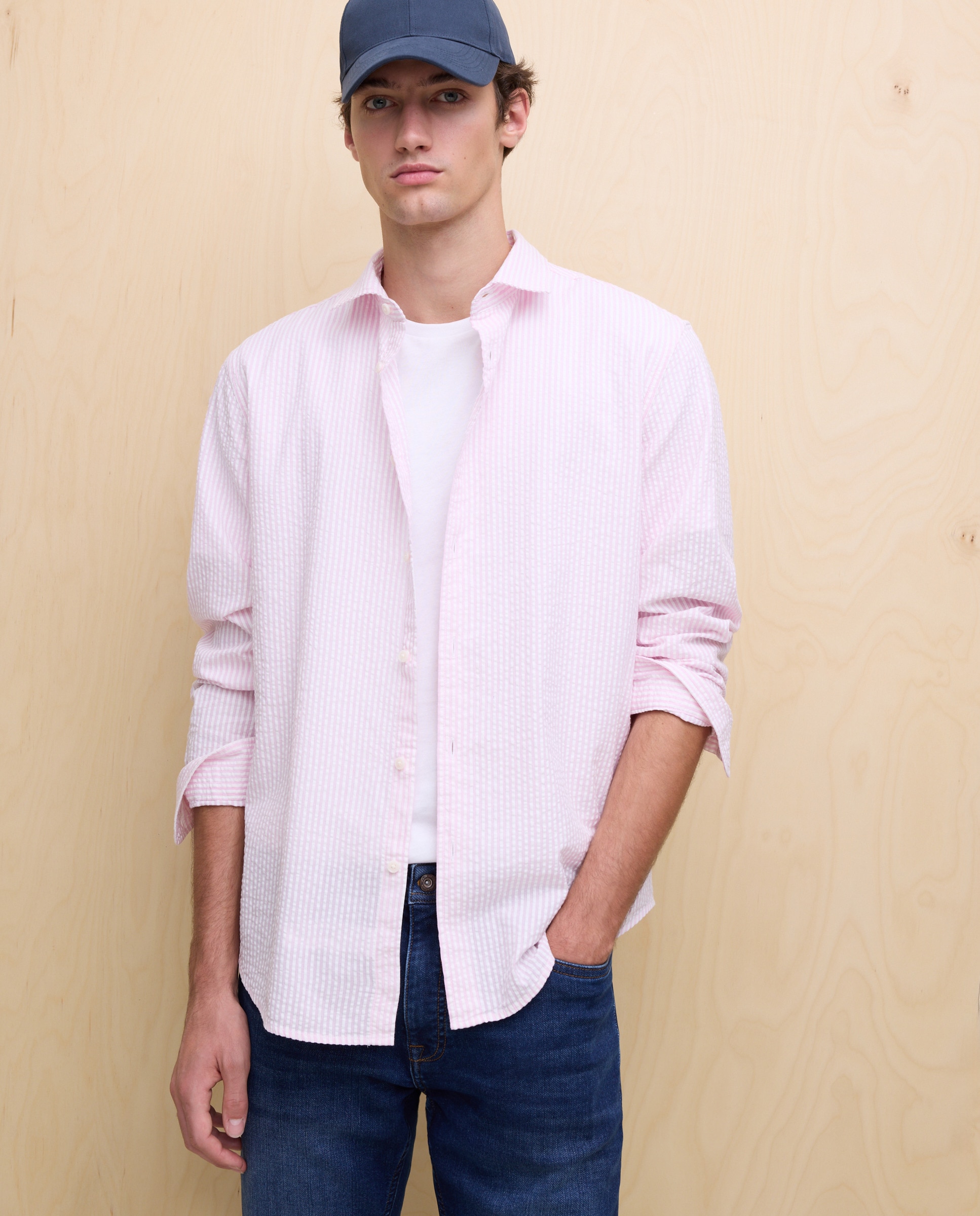Camisa de Manga Comprida às Riscas Seersucker Rosa-1